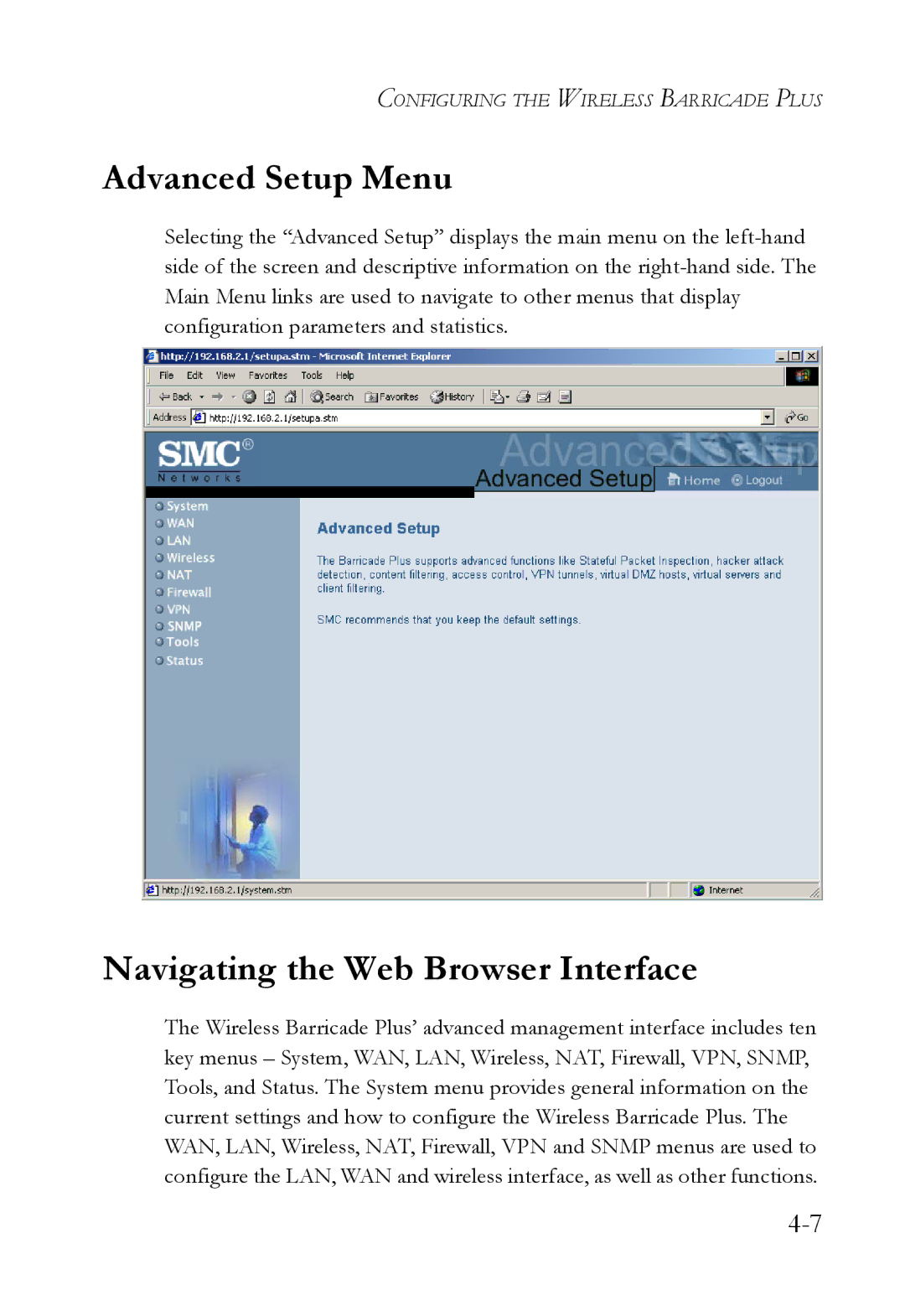 SMC Networks SMC7004WFW manual Advanced Setup Menu, Navigating the Web Browser Interface 