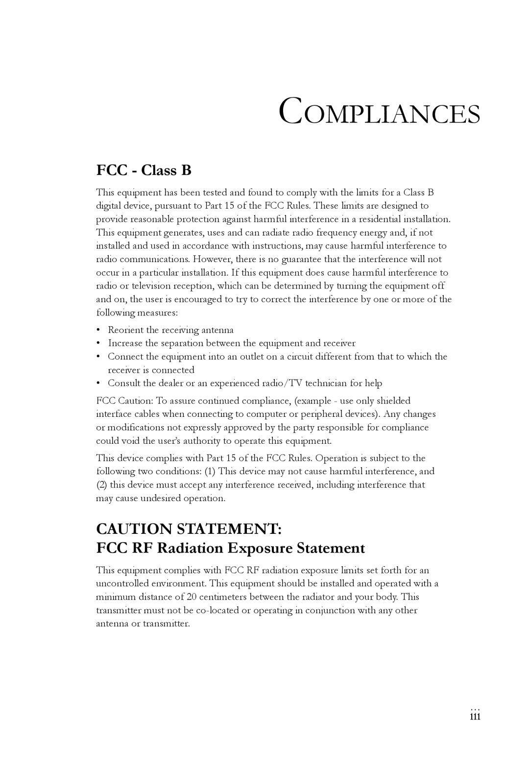 SMC Networks SMC7004WFW manual FCC Class B, FCC RF Radiation Exposure Statement 