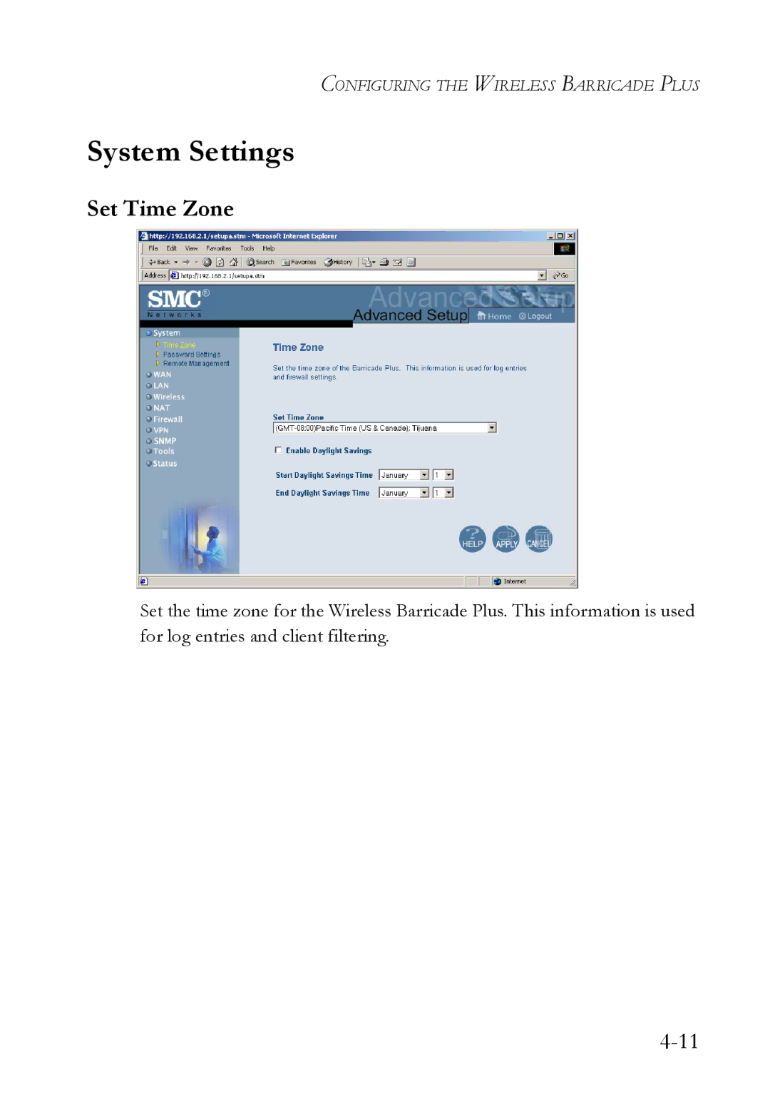 SMC Networks SMC7004WFW manual System Settings, Set Time Zone 