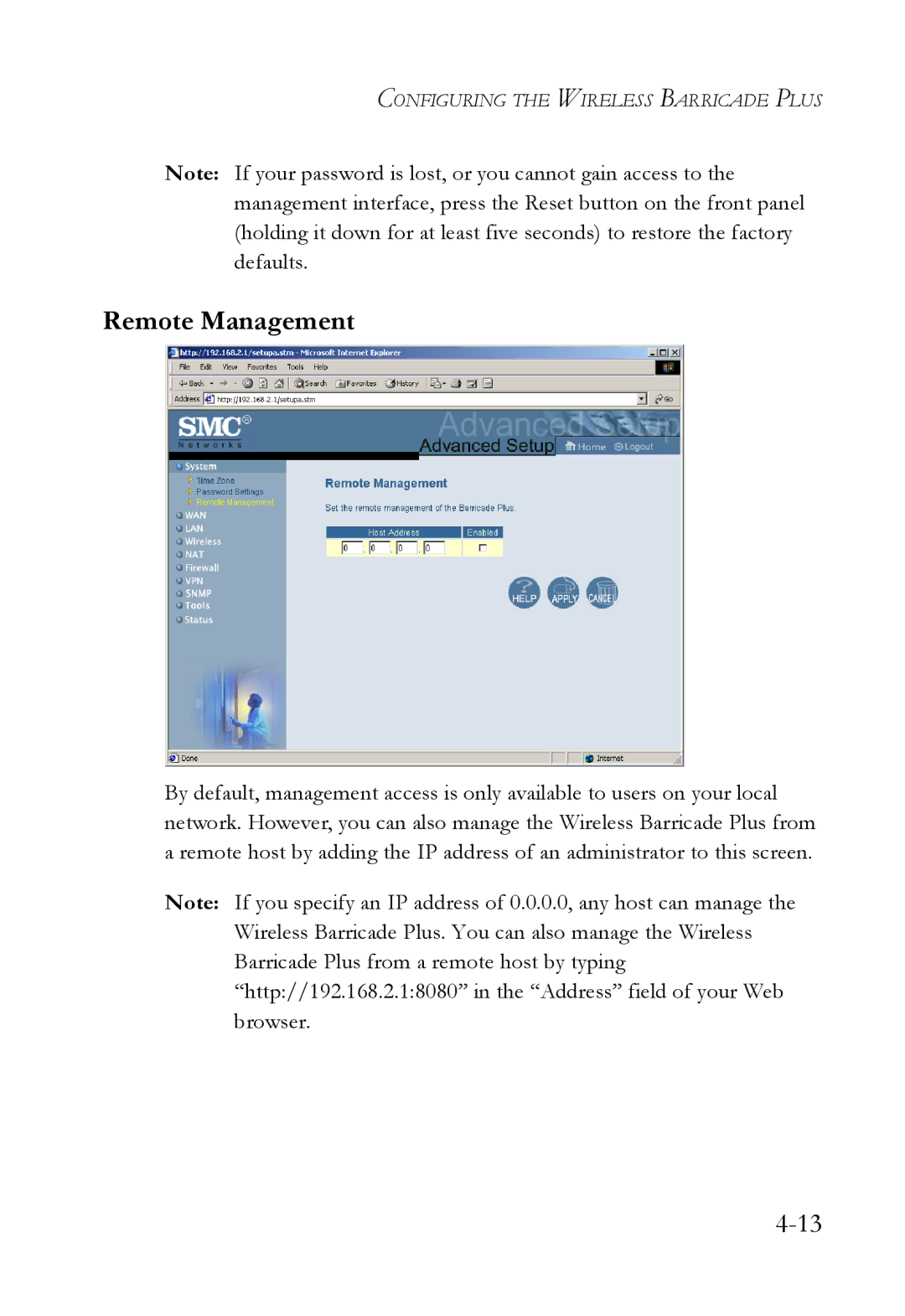 SMC Networks SMC7004WFW manual Remote Management 