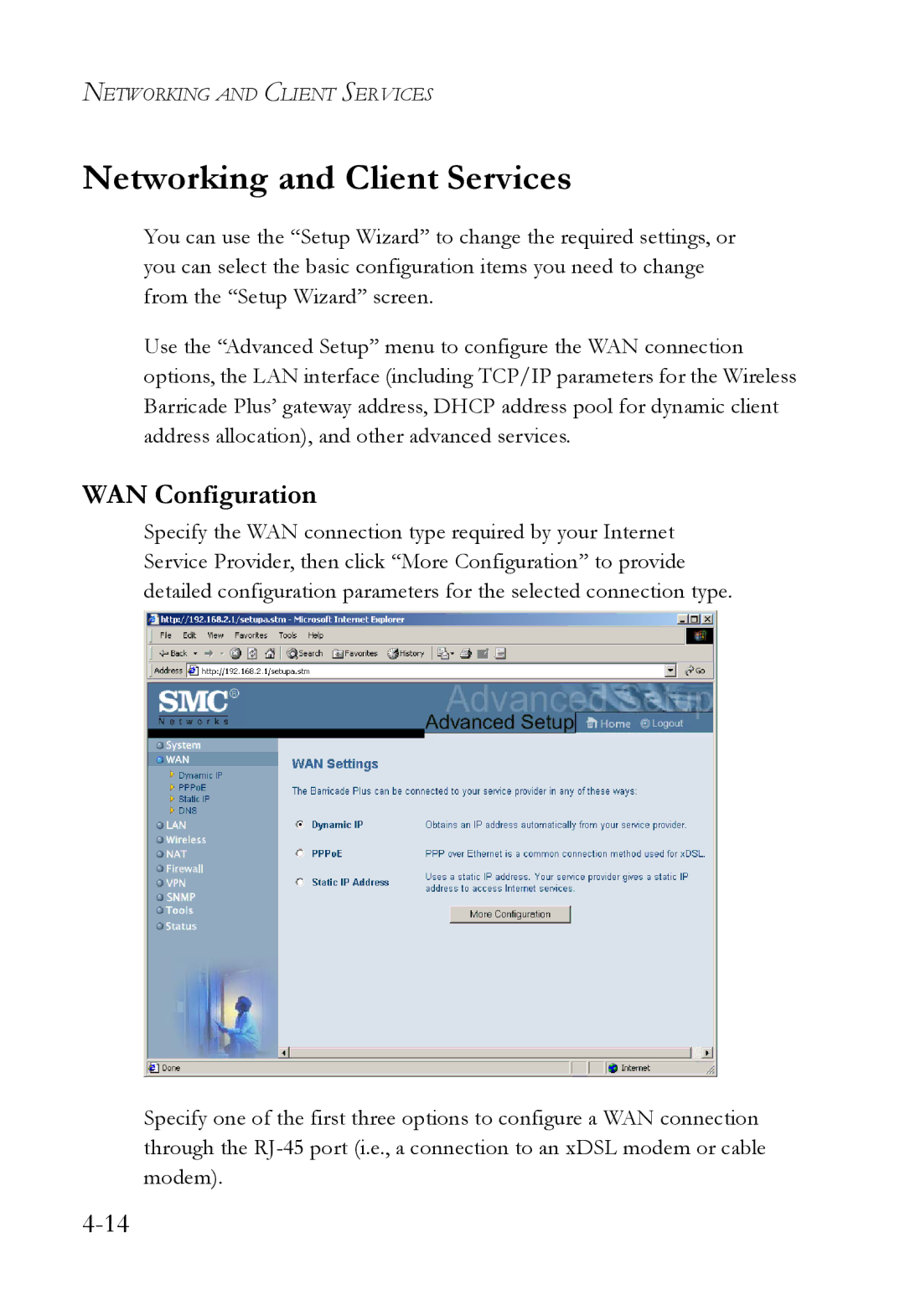 SMC Networks SMC7004WFW manual Networking and Client Services, WAN Configuration 