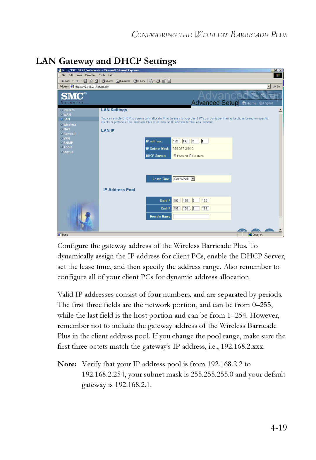 SMC Networks SMC7004WFW manual LAN Gateway and Dhcp Settings 