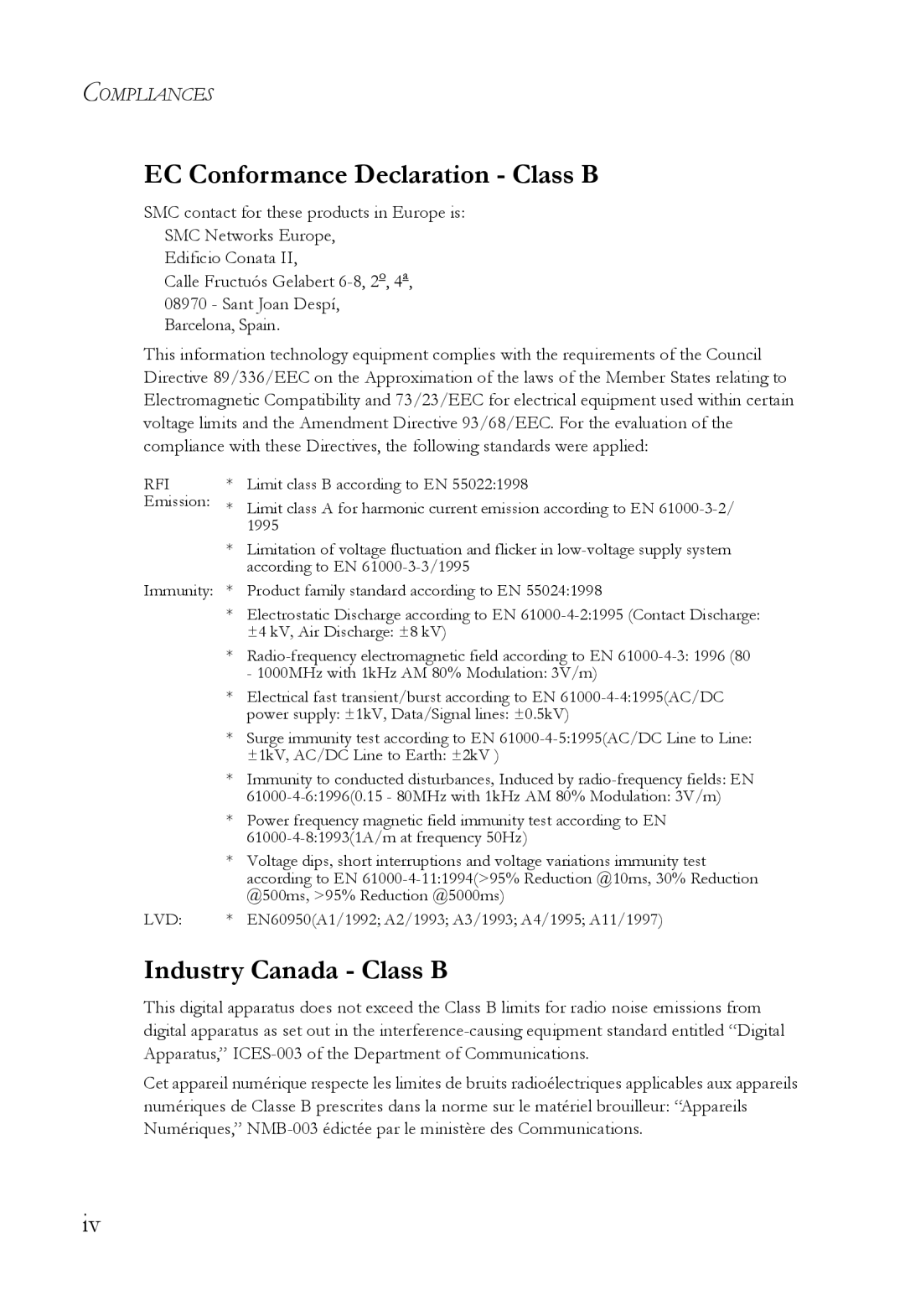 SMC Networks SMC7004WFW manual EC Conformance Declaration Class B, Industry Canada Class B 