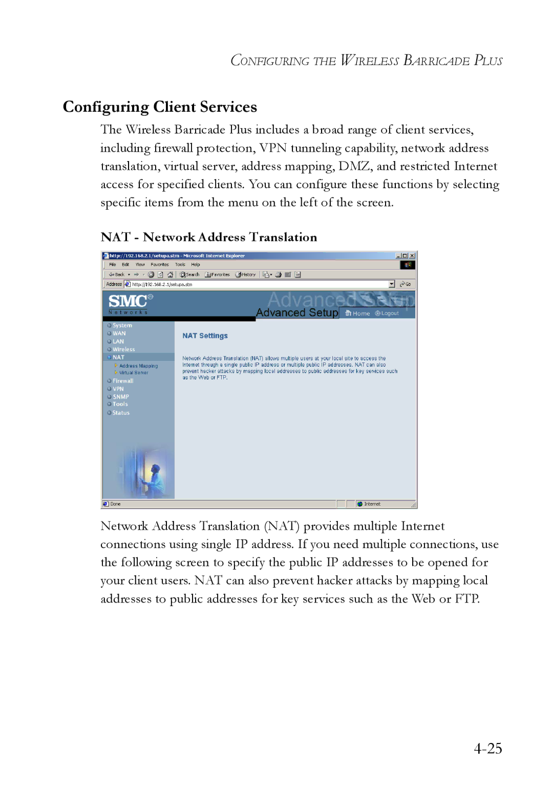 SMC Networks SMC7004WFW manual Configuring Client Services, NAT Network Address Translation 