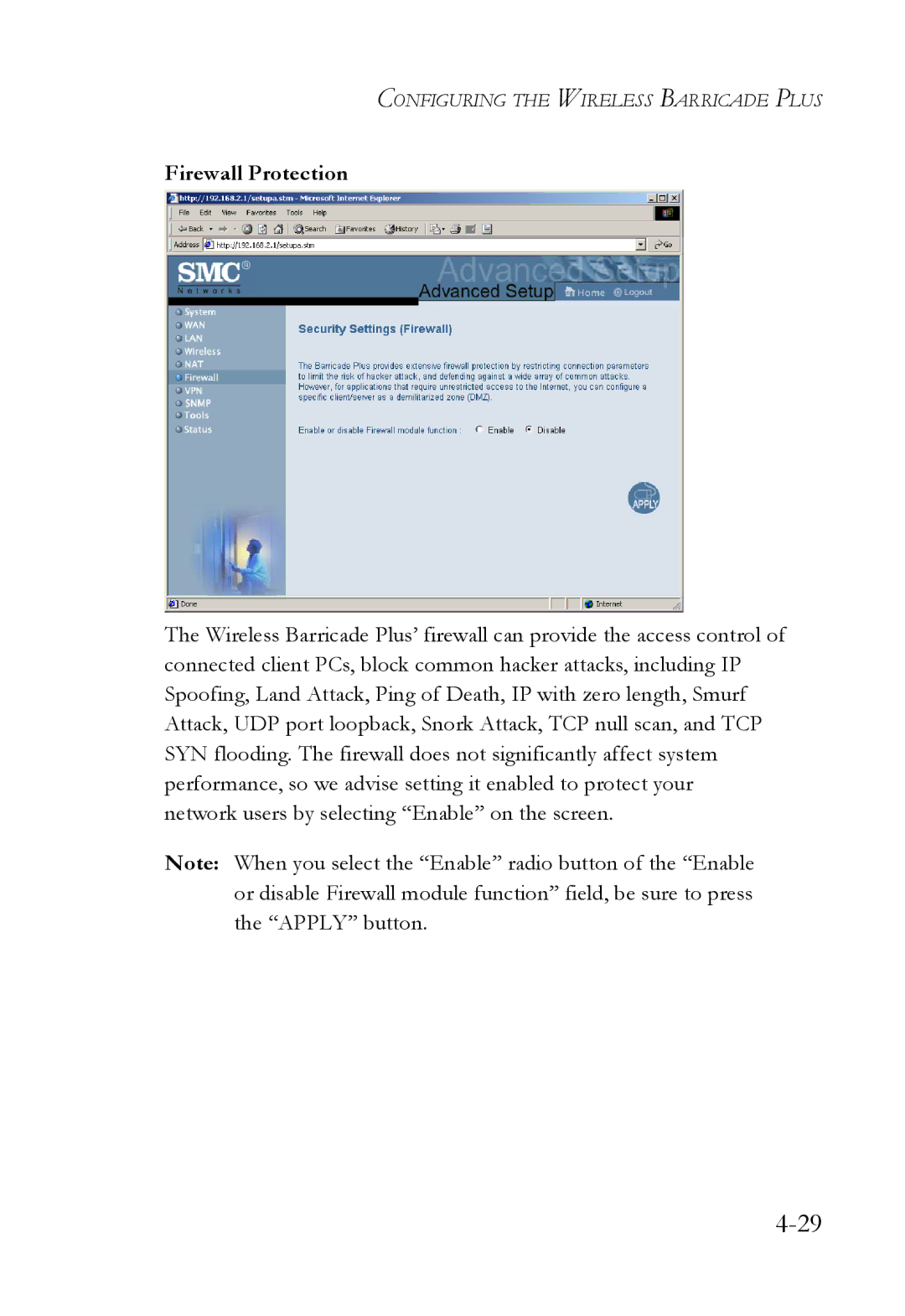 SMC Networks SMC7004WFW manual Firewall Protection 