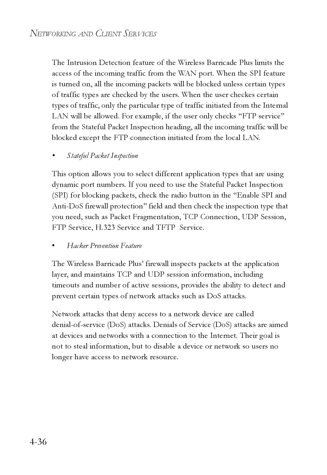 SMC Networks SMC7004WFW manual Stateful Packet Inspection, Hacker Prevention Feature 