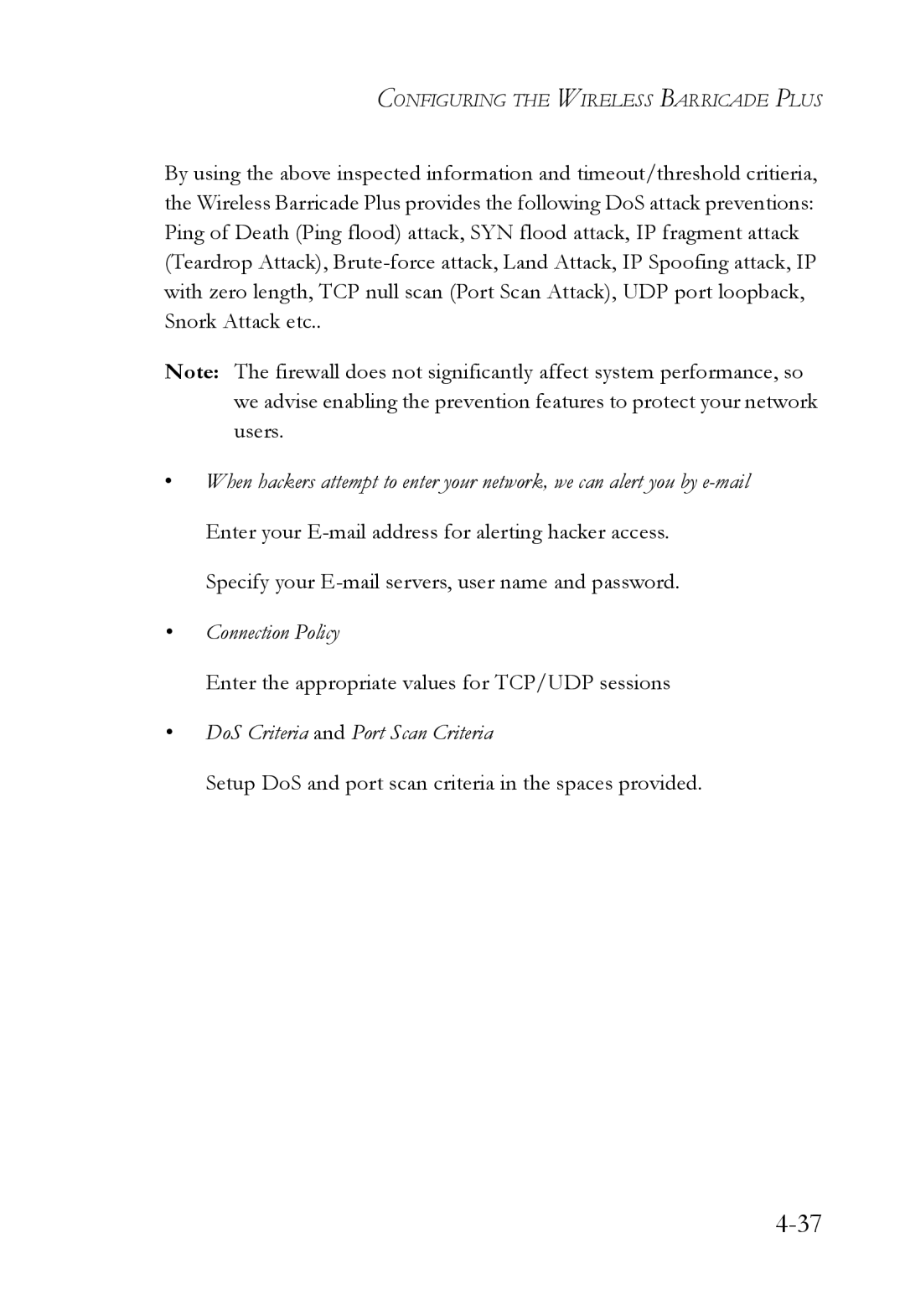 SMC Networks SMC7004WFW manual Connection Policy, DoS Criteria and Port Scan Criteria 