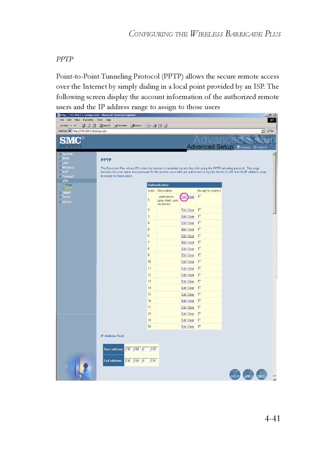 SMC Networks SMC7004WFW manual Pptp 