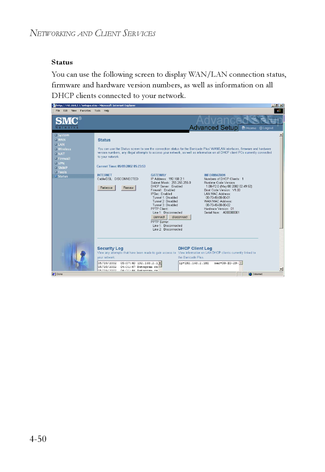 SMC Networks SMC7004WFW manual Status 