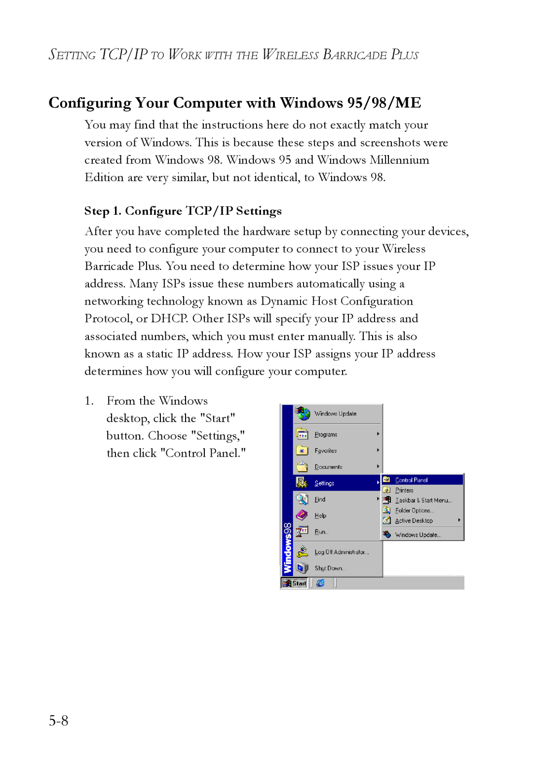 SMC Networks SMC7004WFW manual Configuring Your Computer with Windows 95/98/ME, Configure TCP/IP Settings 