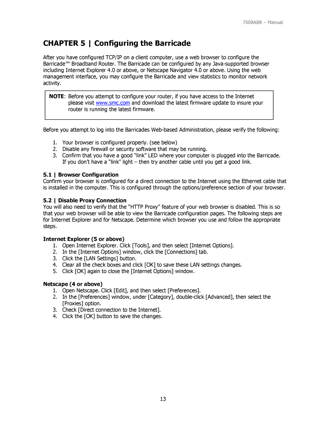 SMC Networks SMC7008ABR Configuring the Barricade, Browser Configuration, Disable Proxy Connection, Netscape 4 or above 