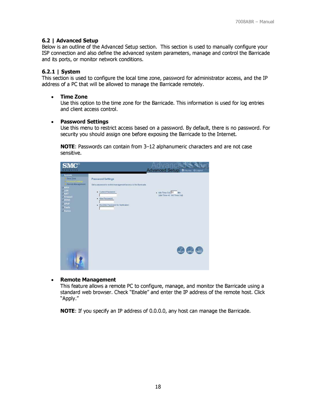 SMC Networks SMC7008ABR manual Advanced Setup, System, Time Zone, Password Settings, Remote Management 