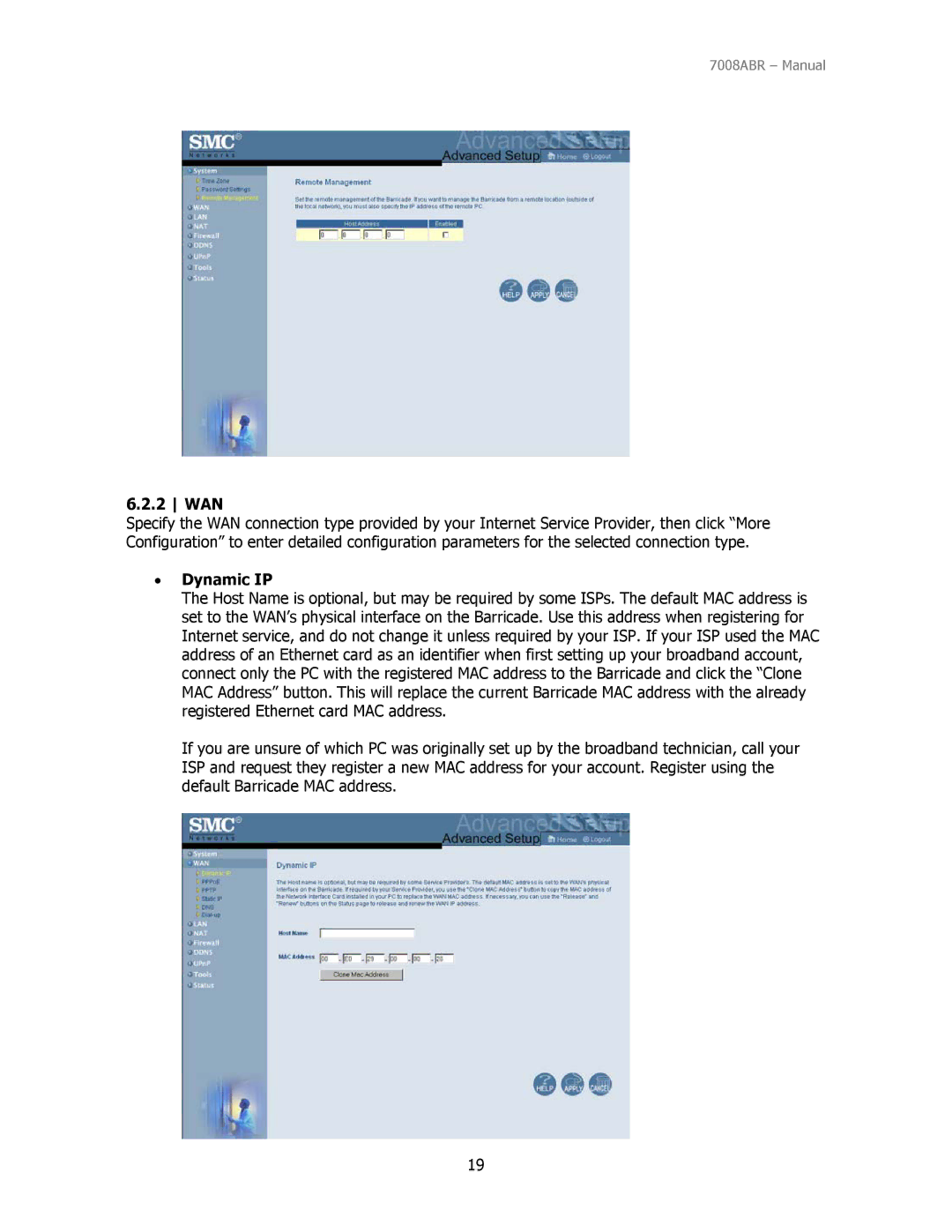 SMC Networks SMC7008ABR manual Wan, Dynamic IP 