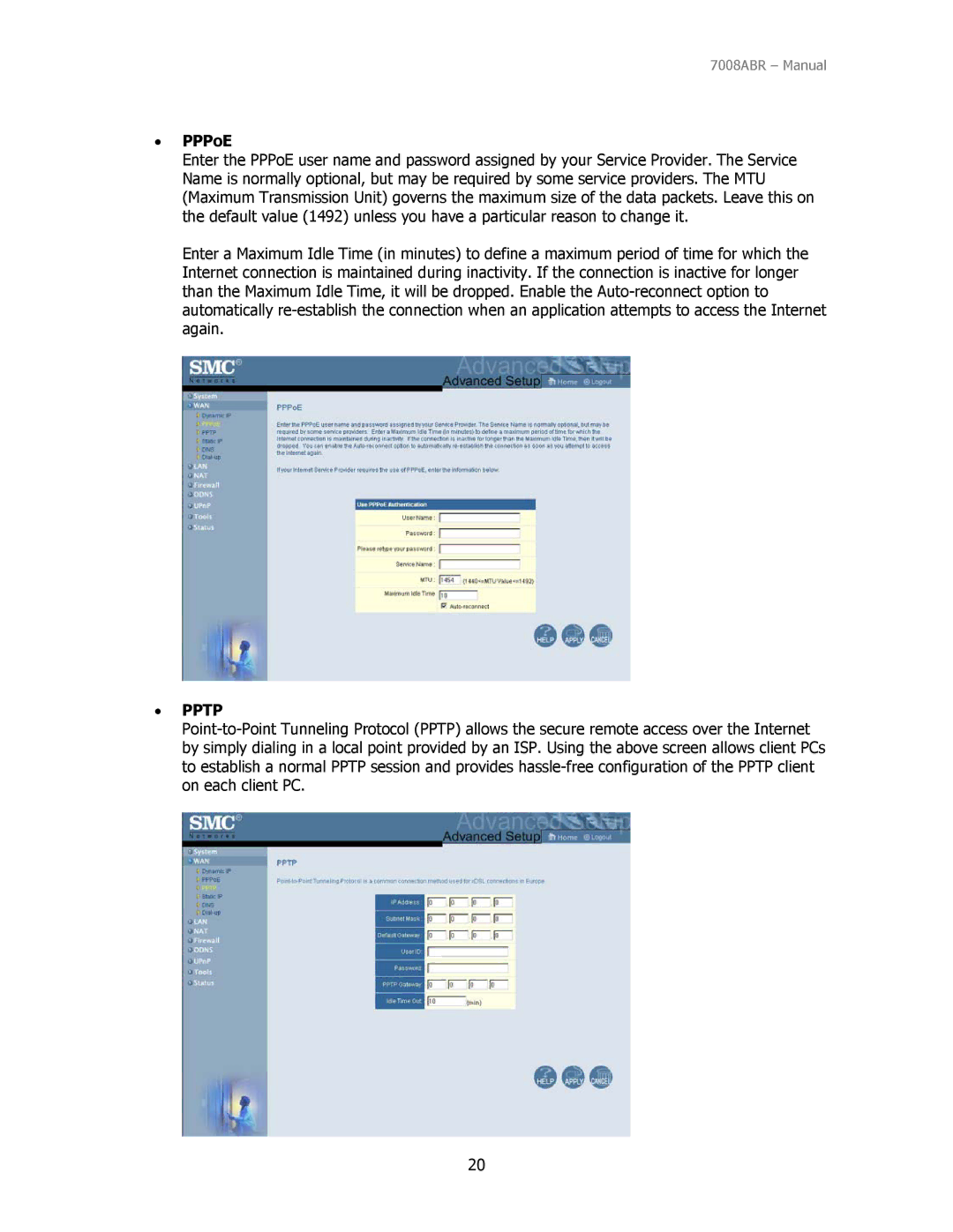 SMC Networks SMC7008ABR manual PPPoE, Pptp 