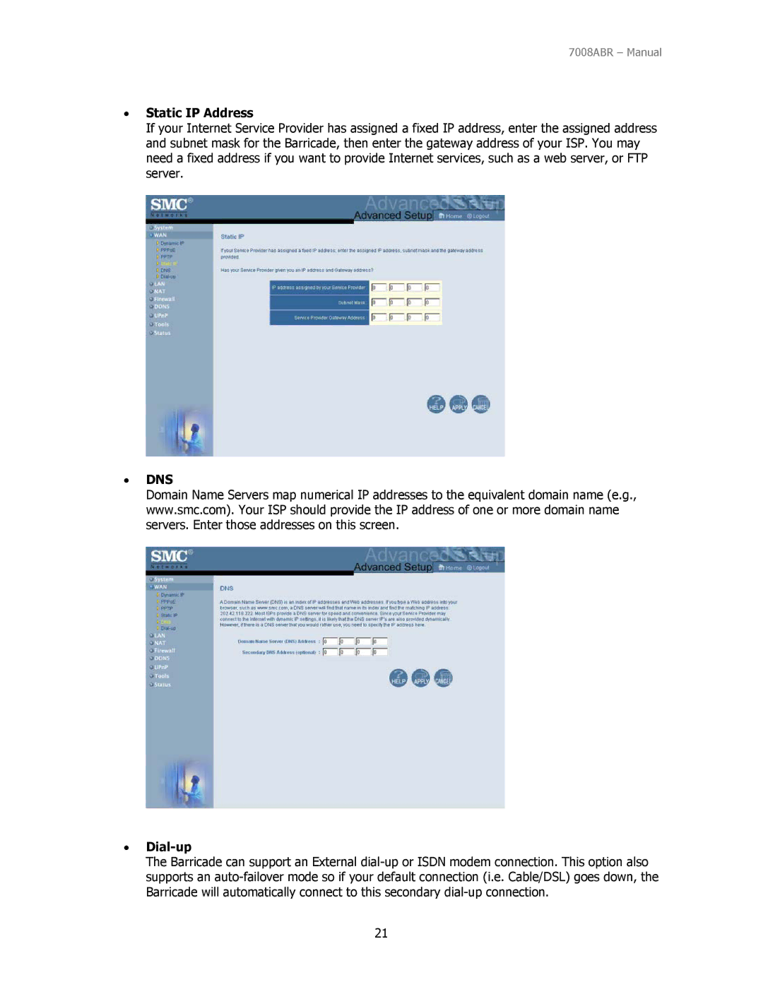 SMC Networks SMC7008ABR manual Static IP Address, Dns, Dial-up 