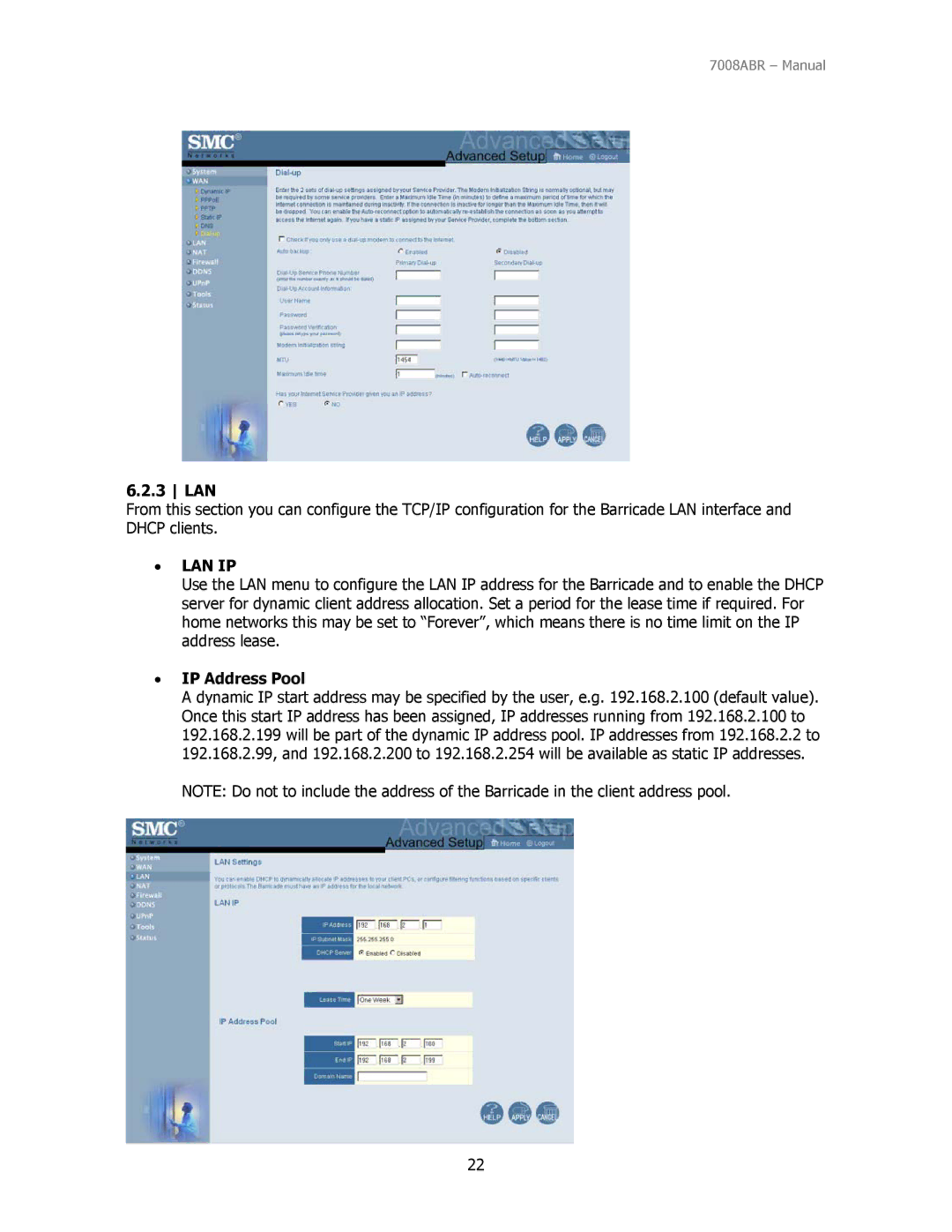 SMC Networks SMC7008ABR manual Lan Ip, IP Address Pool 