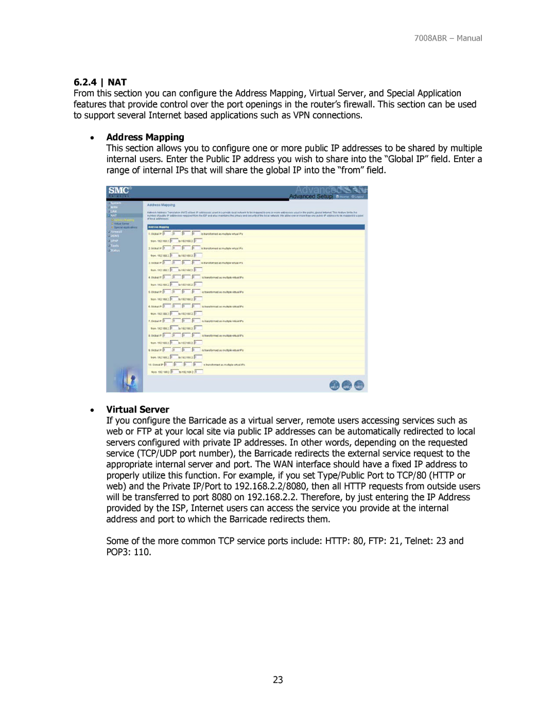 SMC Networks SMC7008ABR manual Nat, Address Mapping, Virtual Server 