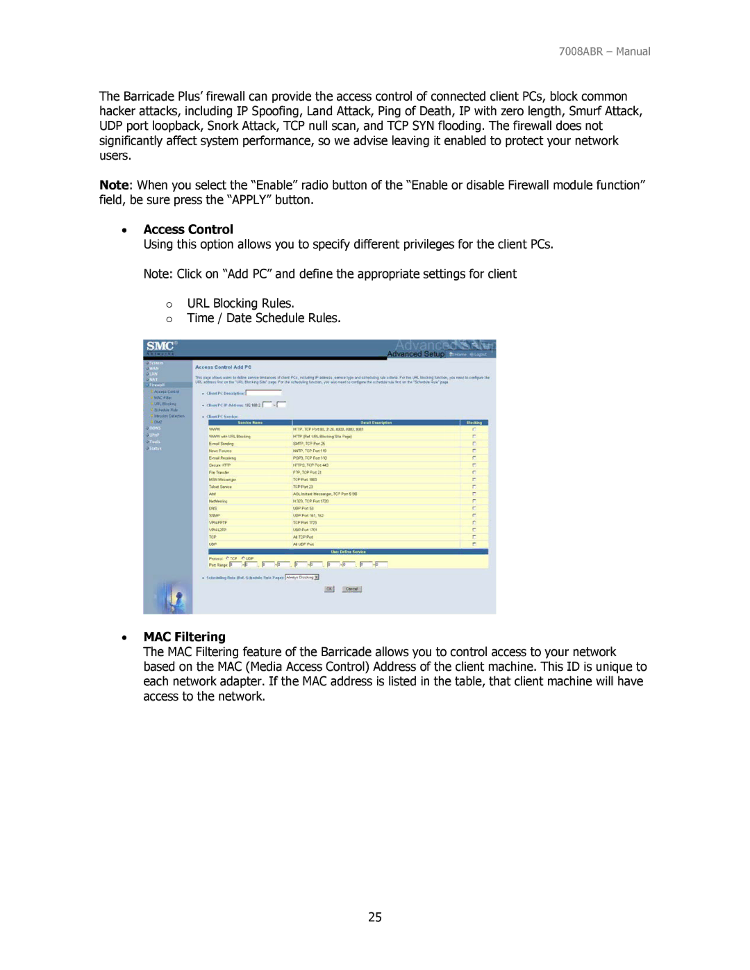 SMC Networks SMC7008ABR manual Access Control, MAC Filtering 