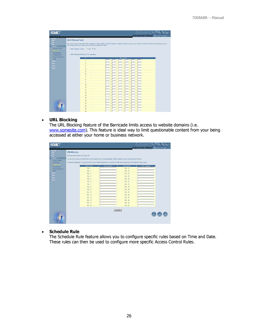 SMC Networks SMC7008ABR manual URL Blocking Schedule Rule 