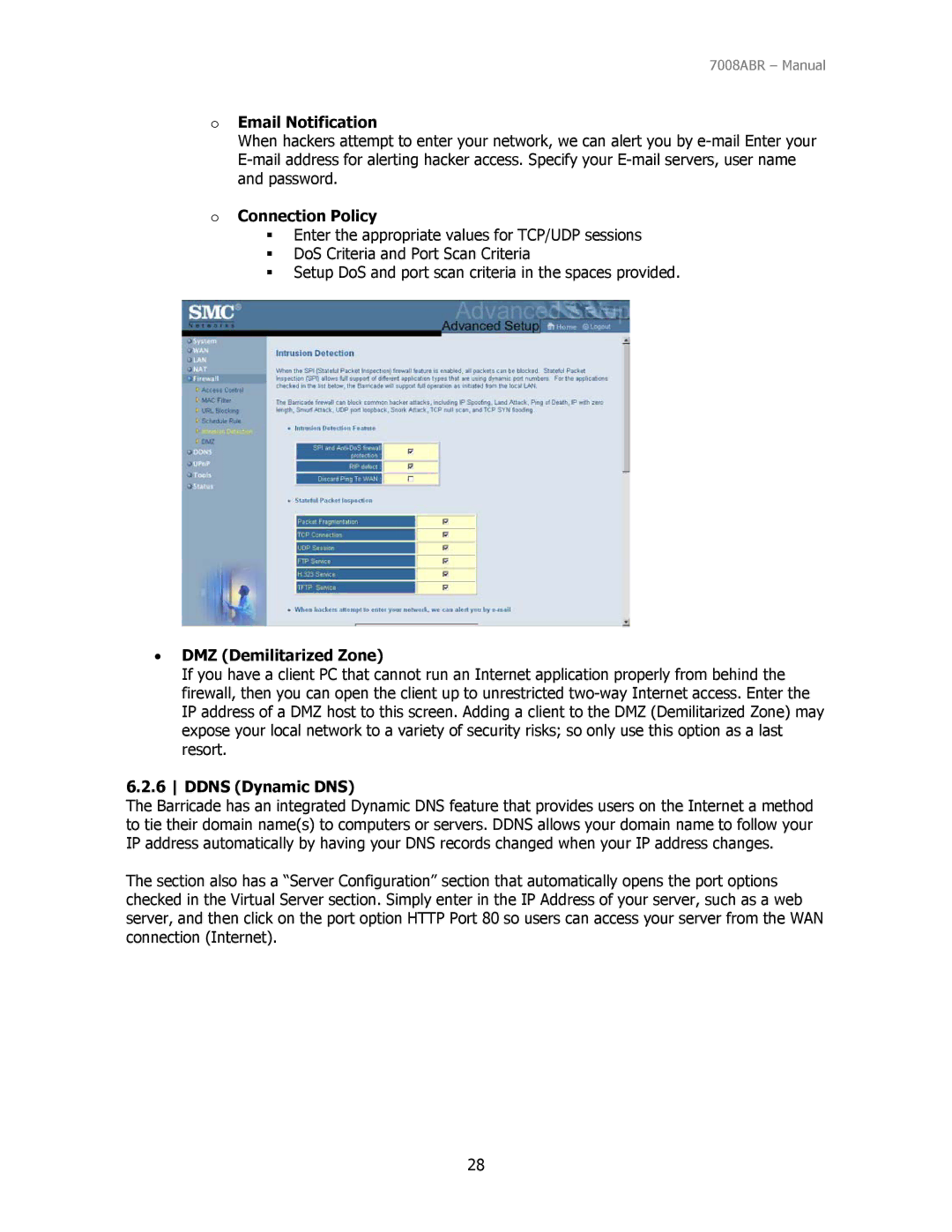 SMC Networks SMC7008ABR manual Email Notification, Connection Policy, DMZ Demilitarized Zone, Ddns Dynamic DNS 