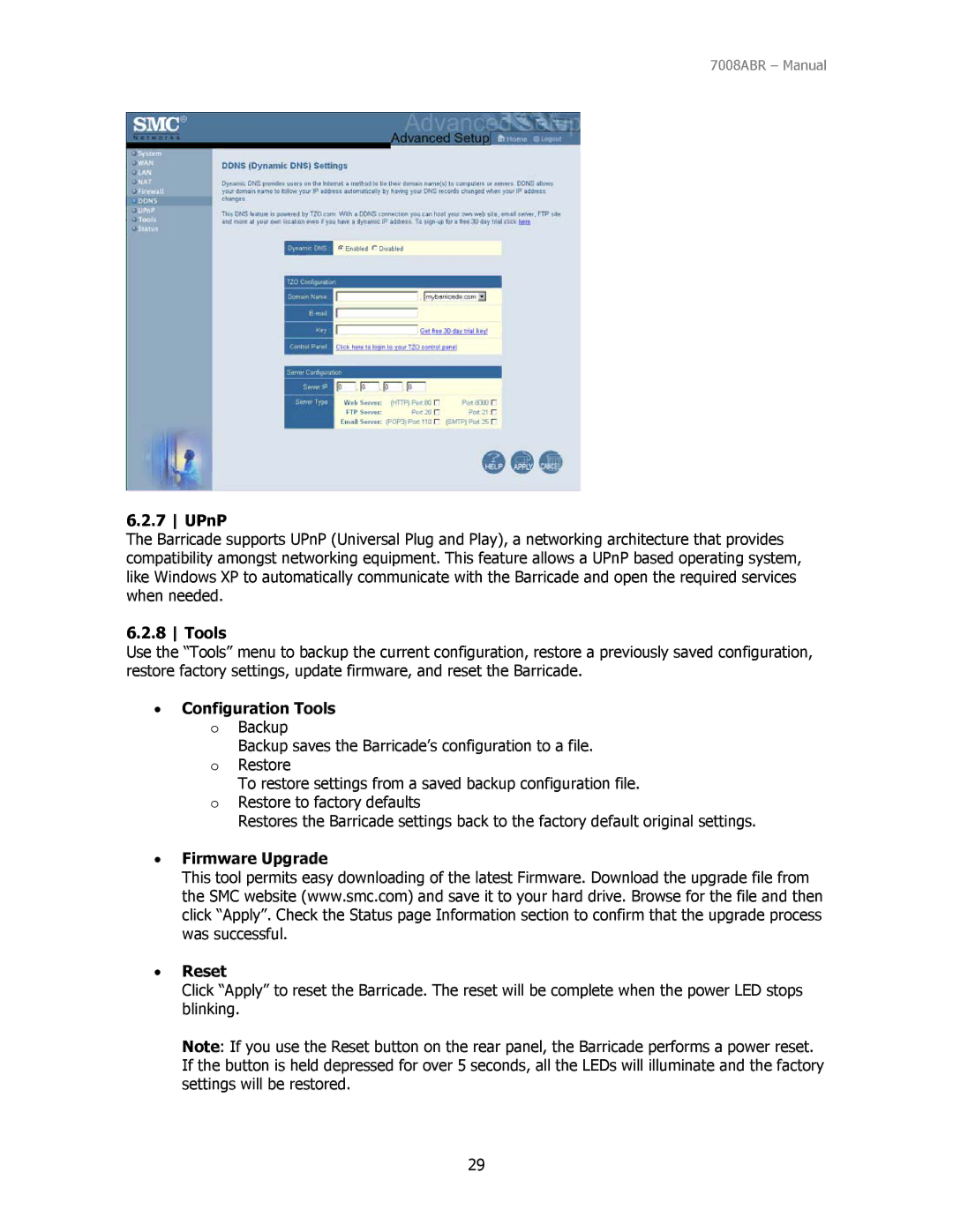 SMC Networks SMC7008ABR manual UPnP, Configuration Tools o Backup, Firmware Upgrade Reset 