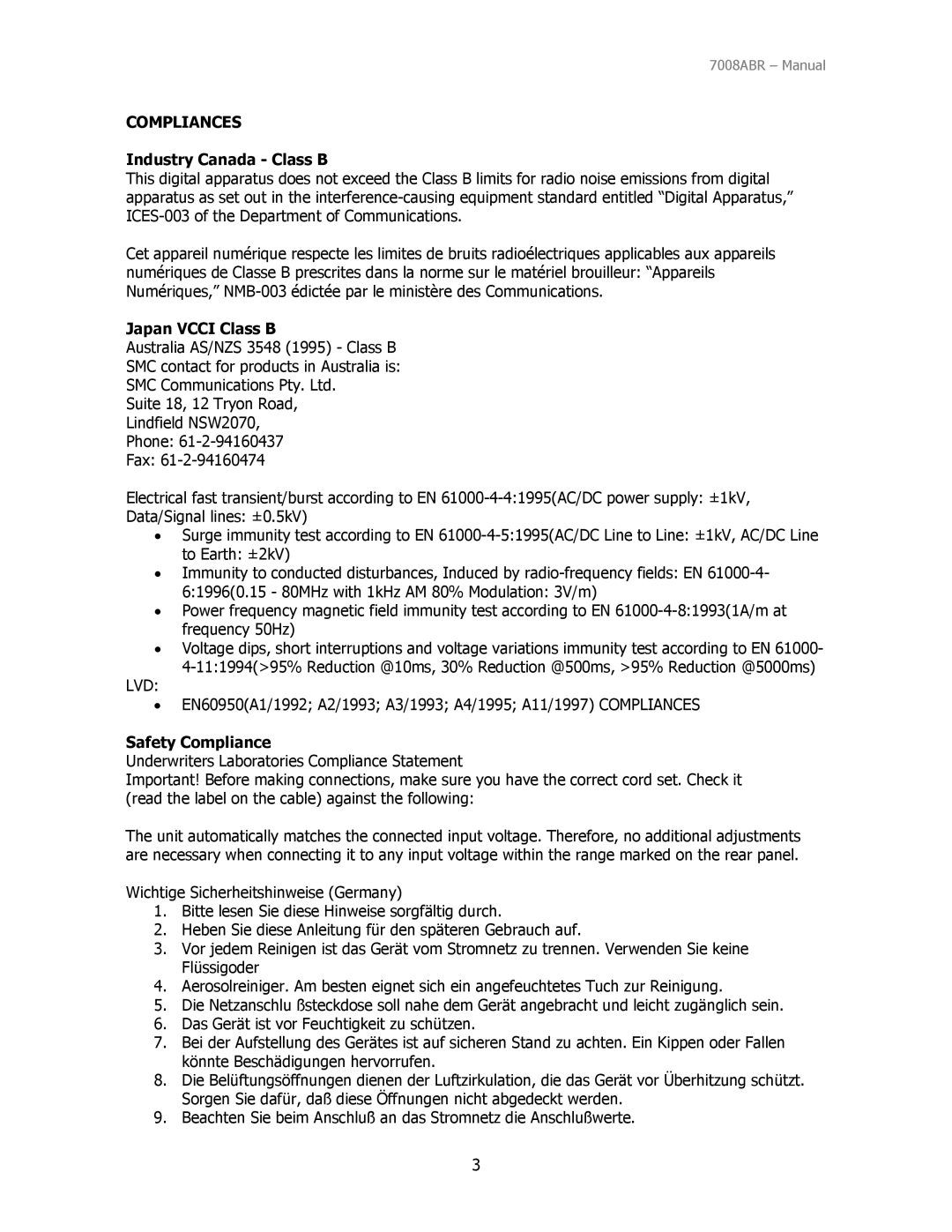 SMC Networks SMC7008ABR manual Industry Canada Class B, Japan Vcci Class B, Safety Compliance 