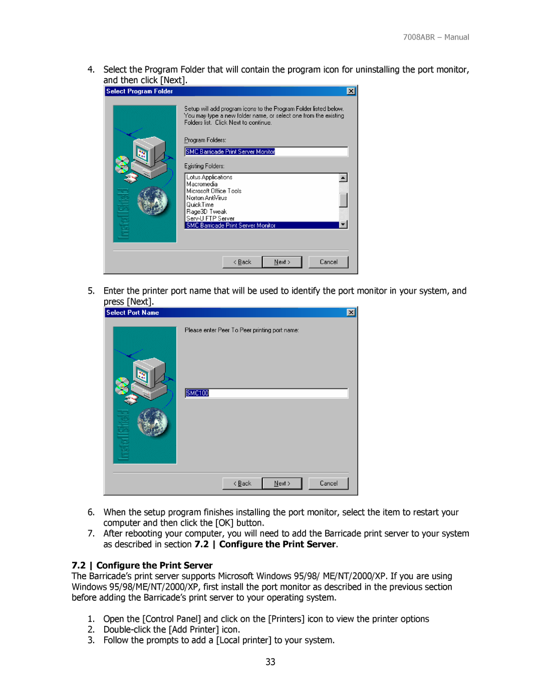 SMC Networks SMC7008ABR manual Configure the Print Server 