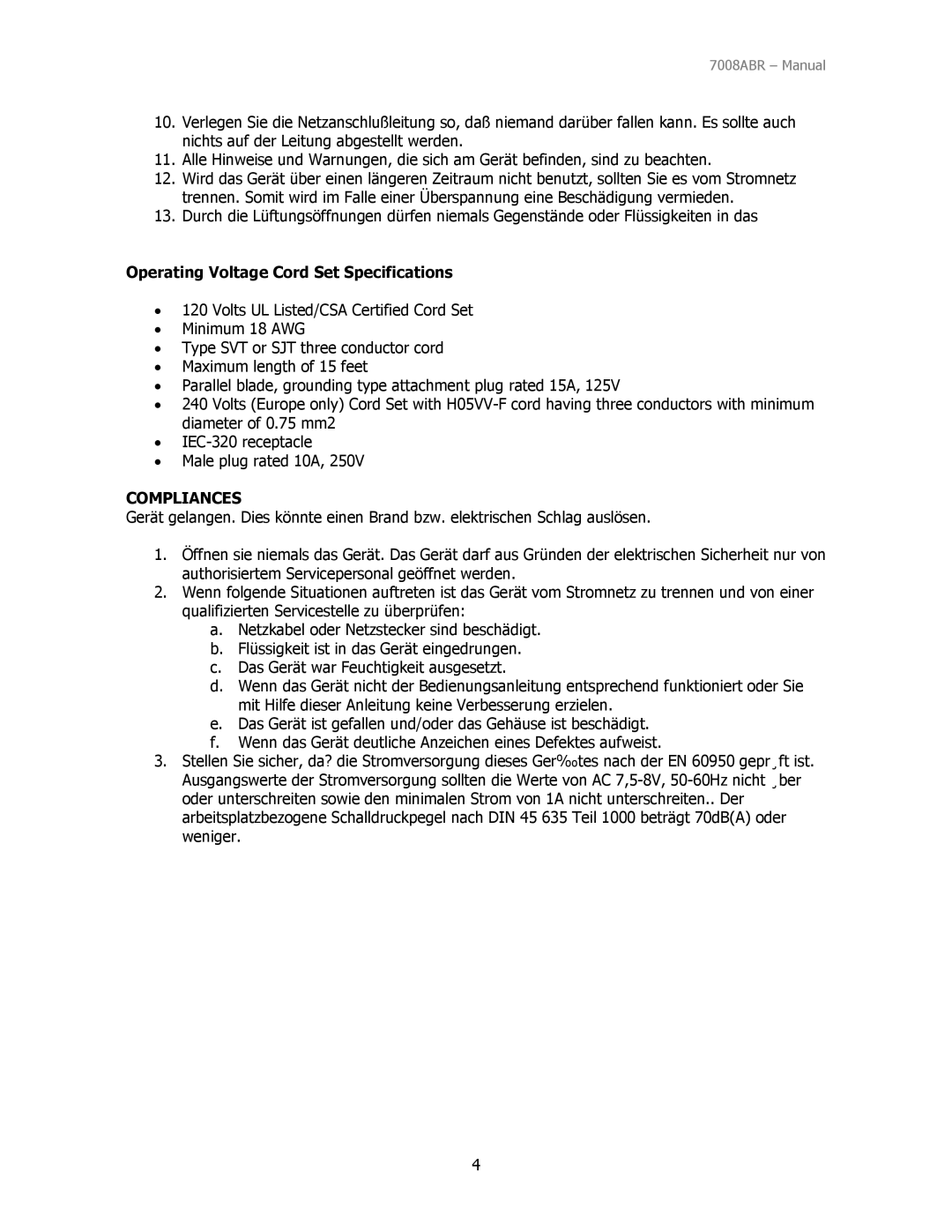 SMC Networks SMC7008ABR manual Operating Voltage Cord Set Specifications 