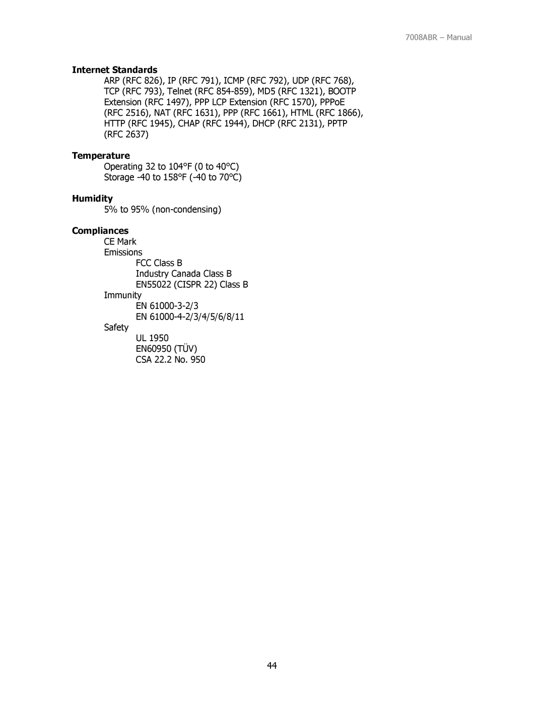 SMC Networks SMC7008ABR manual Internet Standards, Temperature, Humidity, Compliances 