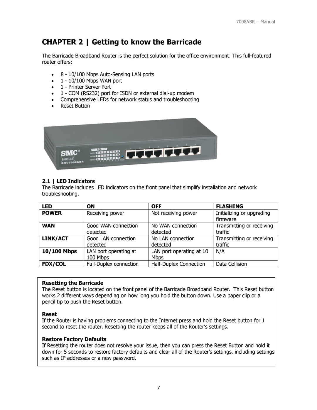 SMC Networks SMC7008ABR manual Getting to know the Barricade, LED OFF Flashing Power, Wan, Link/Act, Fdx/Col 