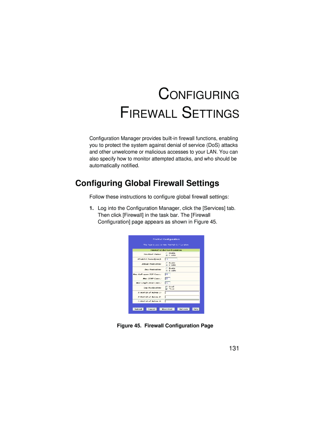 SMC Networks SMC7204BRA manual Configuring Firewall Settings, Configuring Global Firewall Settings 