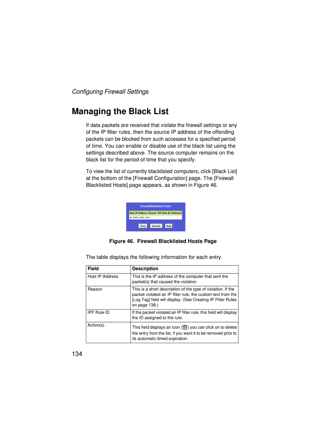 SMC Networks SMC7204BRA manual Managing the Black List, ID assigned to the rule, Its automatic timed expiration 