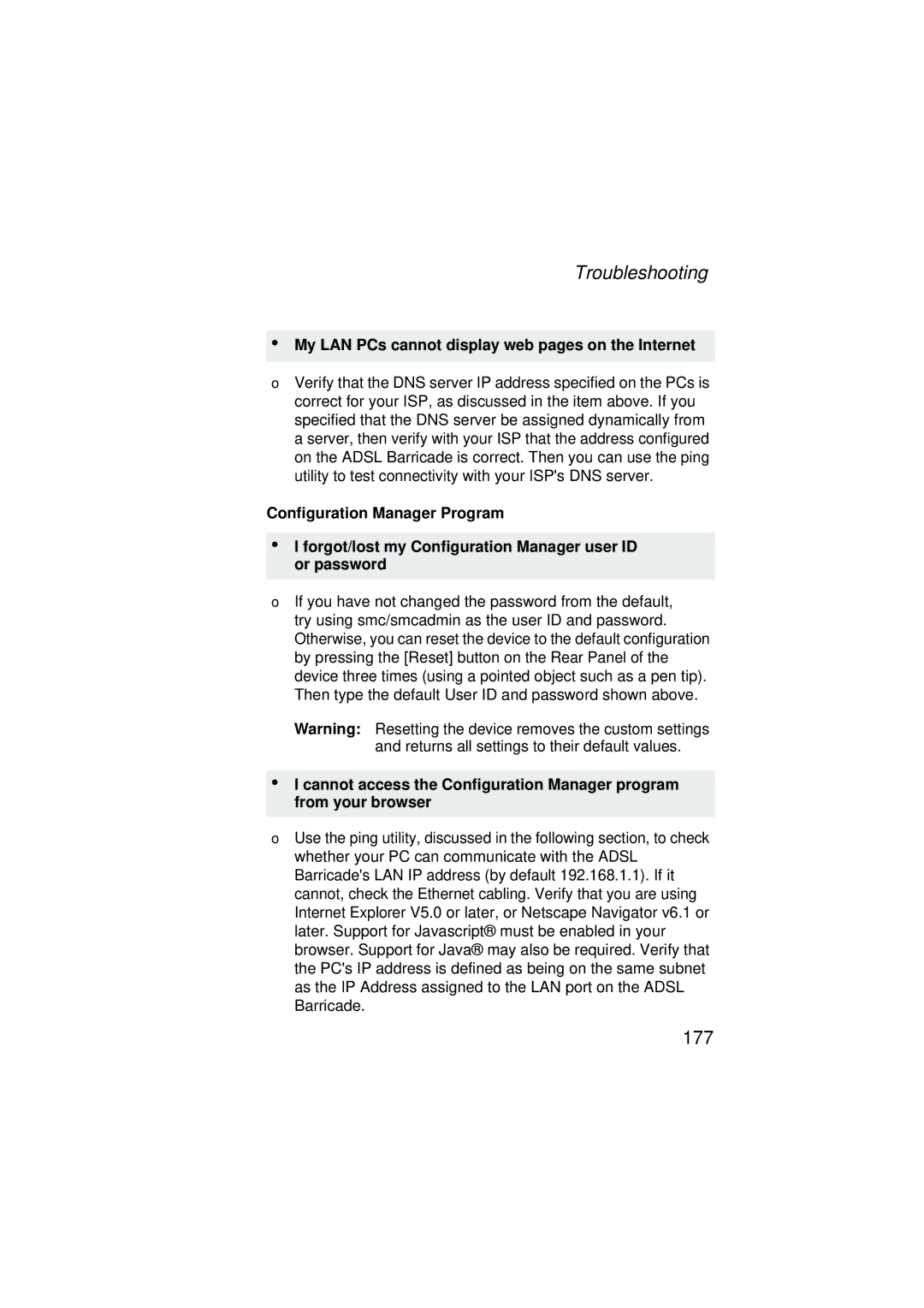 SMC Networks SMC7204BRA manual My LAN PCs cannot display web pages on the Internet 