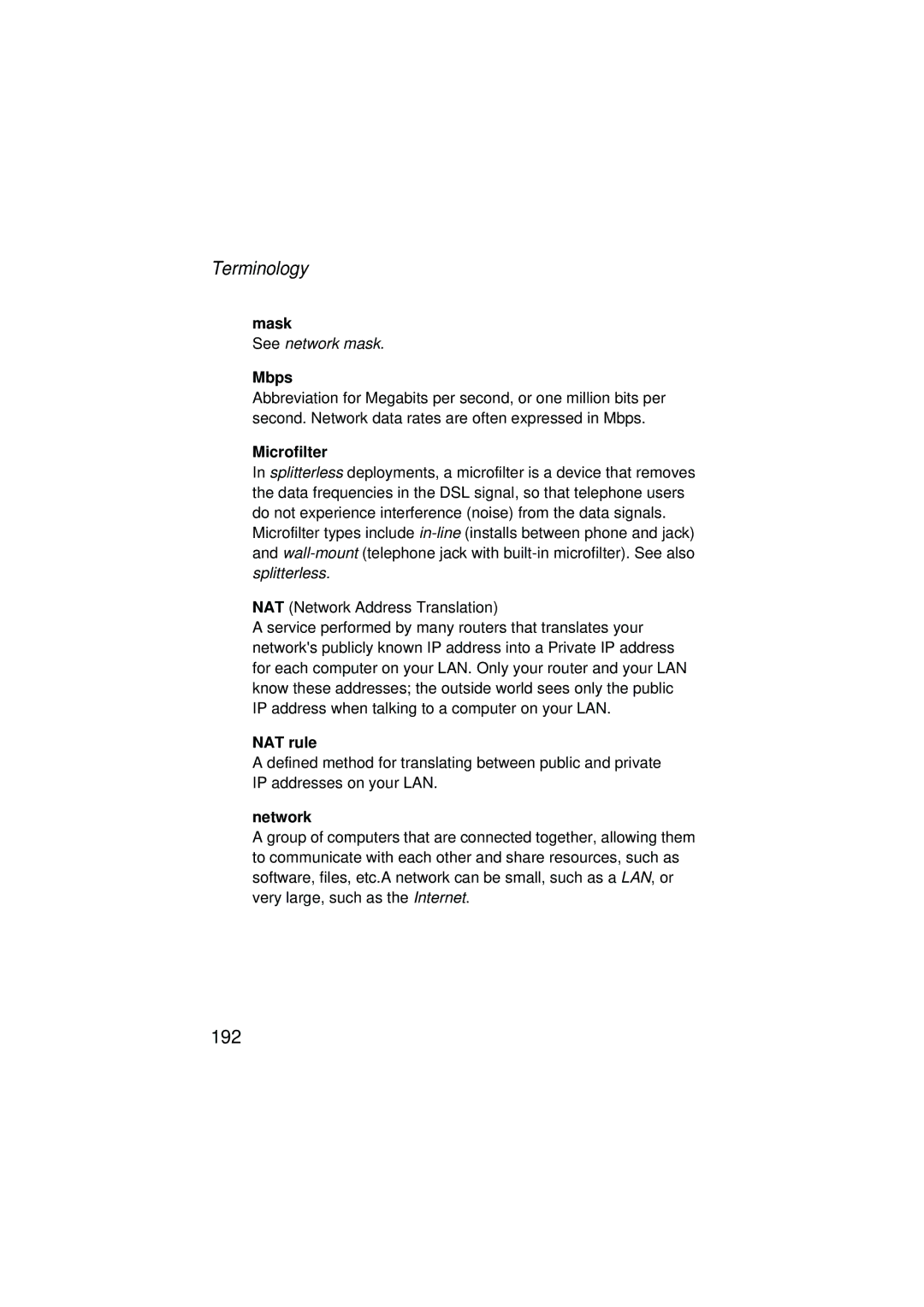 SMC Networks SMC7204BRA manual Mask, Mbps, Microfilter, NAT rule, Network 