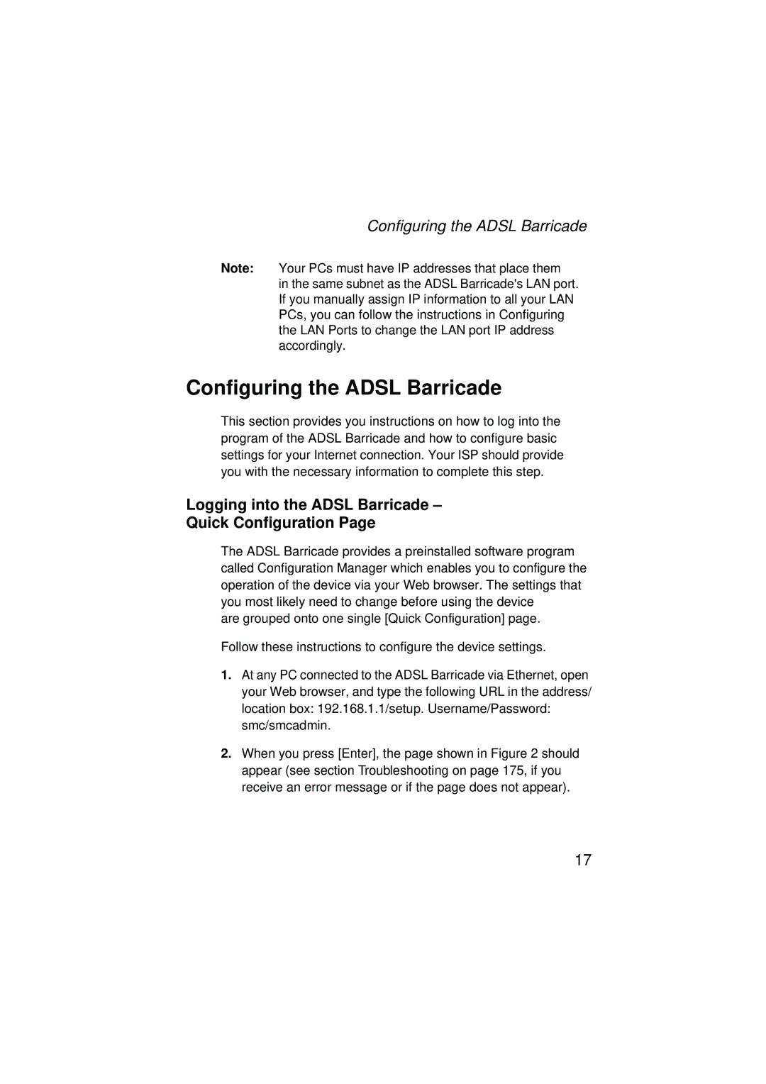 SMC Networks SMC7204BRA manual Configuring the Adsl Barricade, Logging into the Adsl Barricade Quick Configuration 