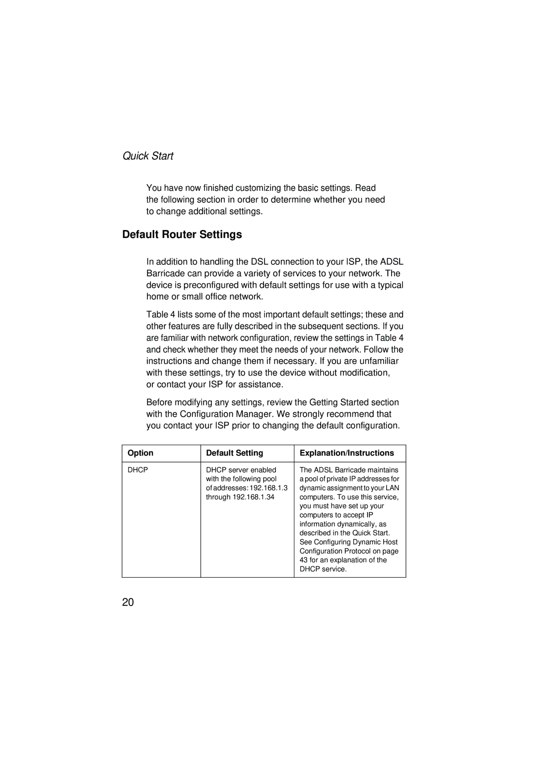 SMC Networks SMC7204BRA manual Default Router Settings, Addresses 