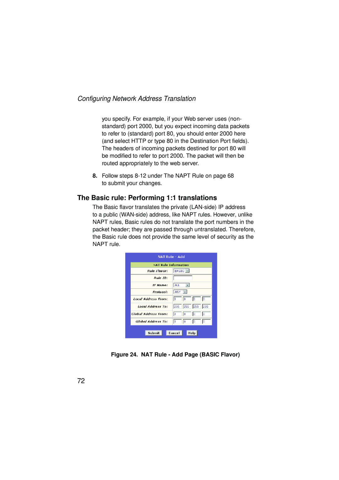 SMC Networks SMC7204BRA manual Basic rule Performing 11 translations, NAT Rule Add Page Basic Flavor 