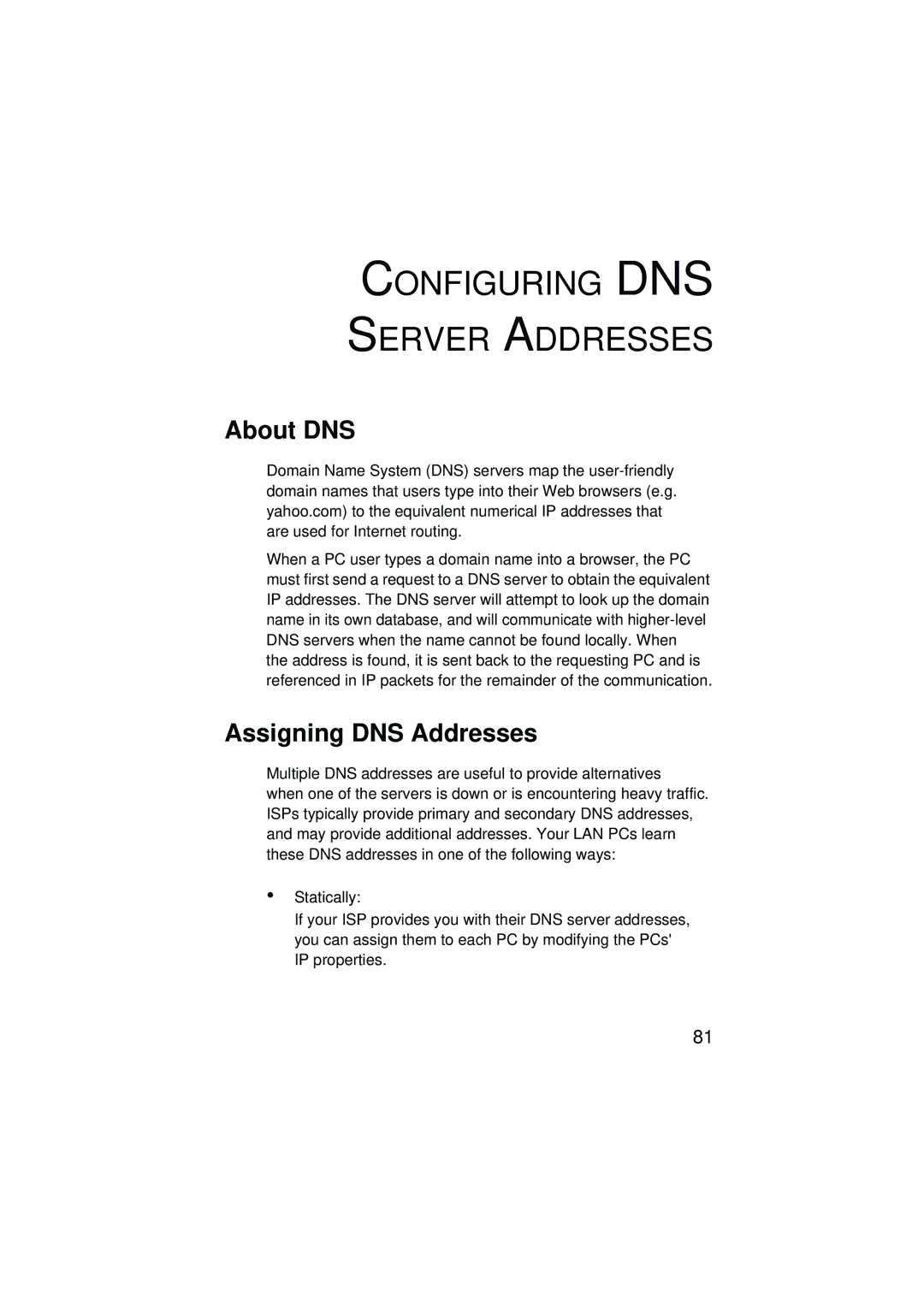 SMC Networks SMC7204BRA manual Configuring DNS Server Addresses, About DNS, Assigning DNS Addresses 