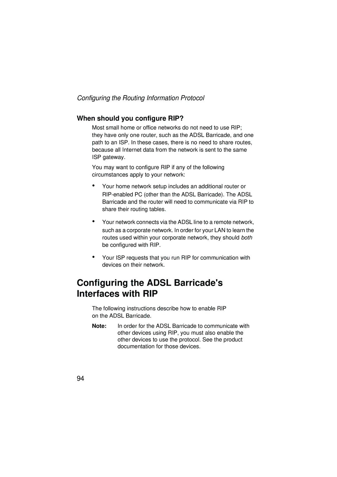 SMC Networks SMC7204BRA Configuring the Adsl Barricades Interfaces with RIP, Configuring the Routing Information Protocol 