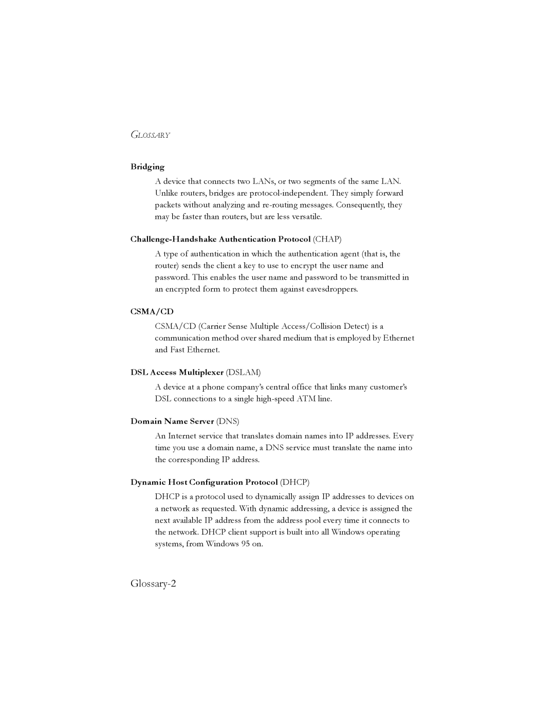 SMC Networks SMC7401BRA manual Glossary-2, Challenge-Handshake Authentication Protocol Chap, DSL Access Multiplexer Dslam 