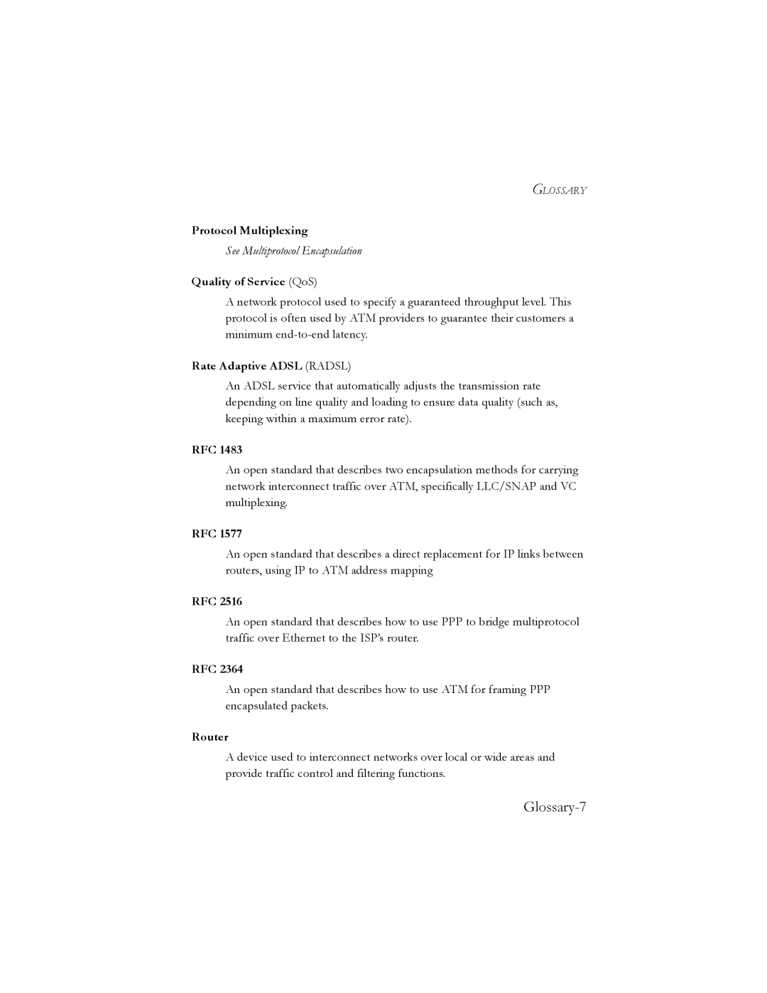 SMC Networks SMC7401BRA manual Glossary-7, Quality of Service QoS, Rate Adaptive Adsl Radsl, Rfc, Router 