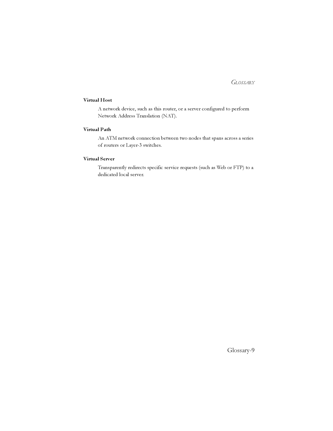 SMC Networks SMC7401BRA manual Glossary-9, Virtual Host, Virtual Path, Virtual Server 