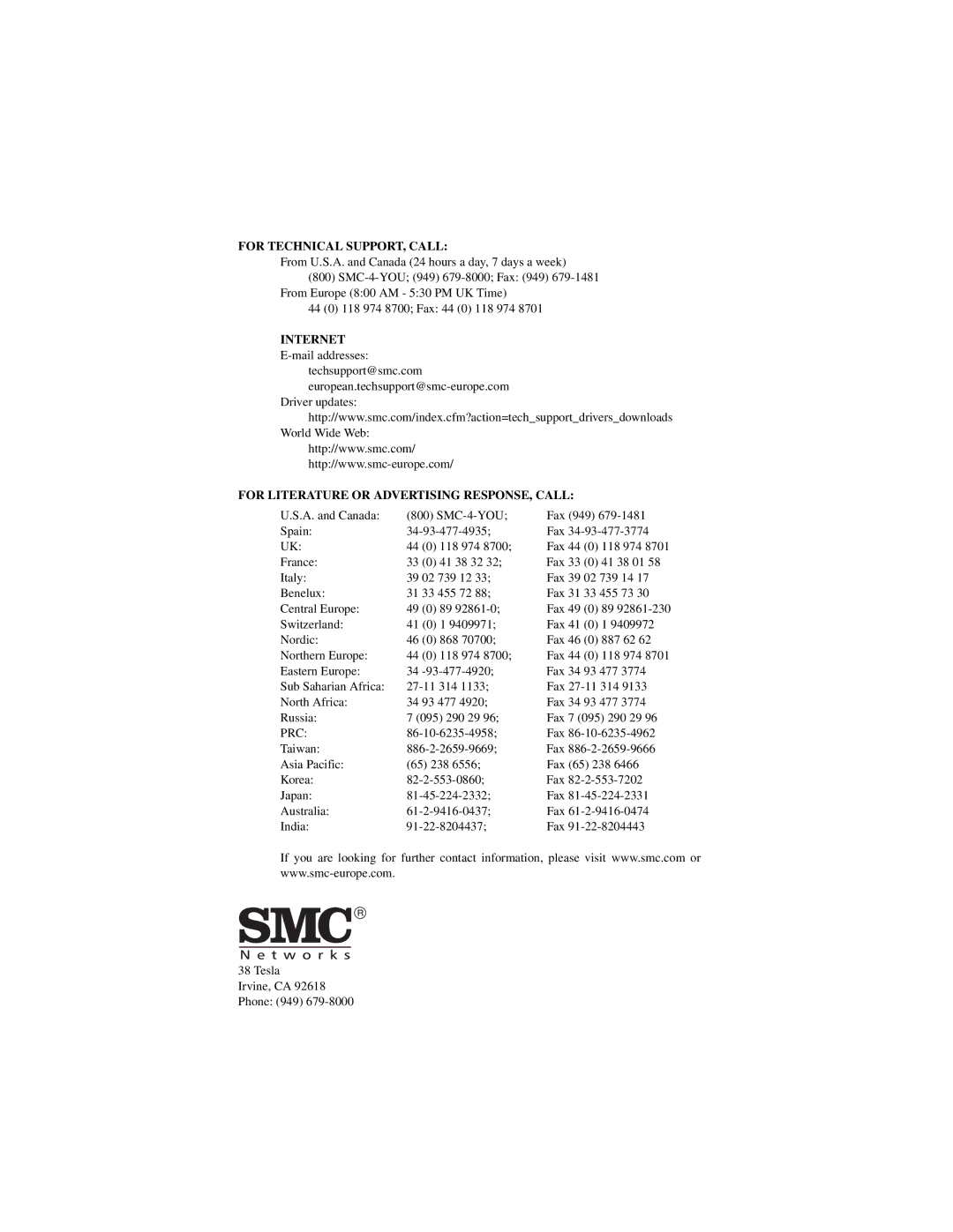 SMC Networks SMC7401BRA manual For Technical SUPPORT, Call 