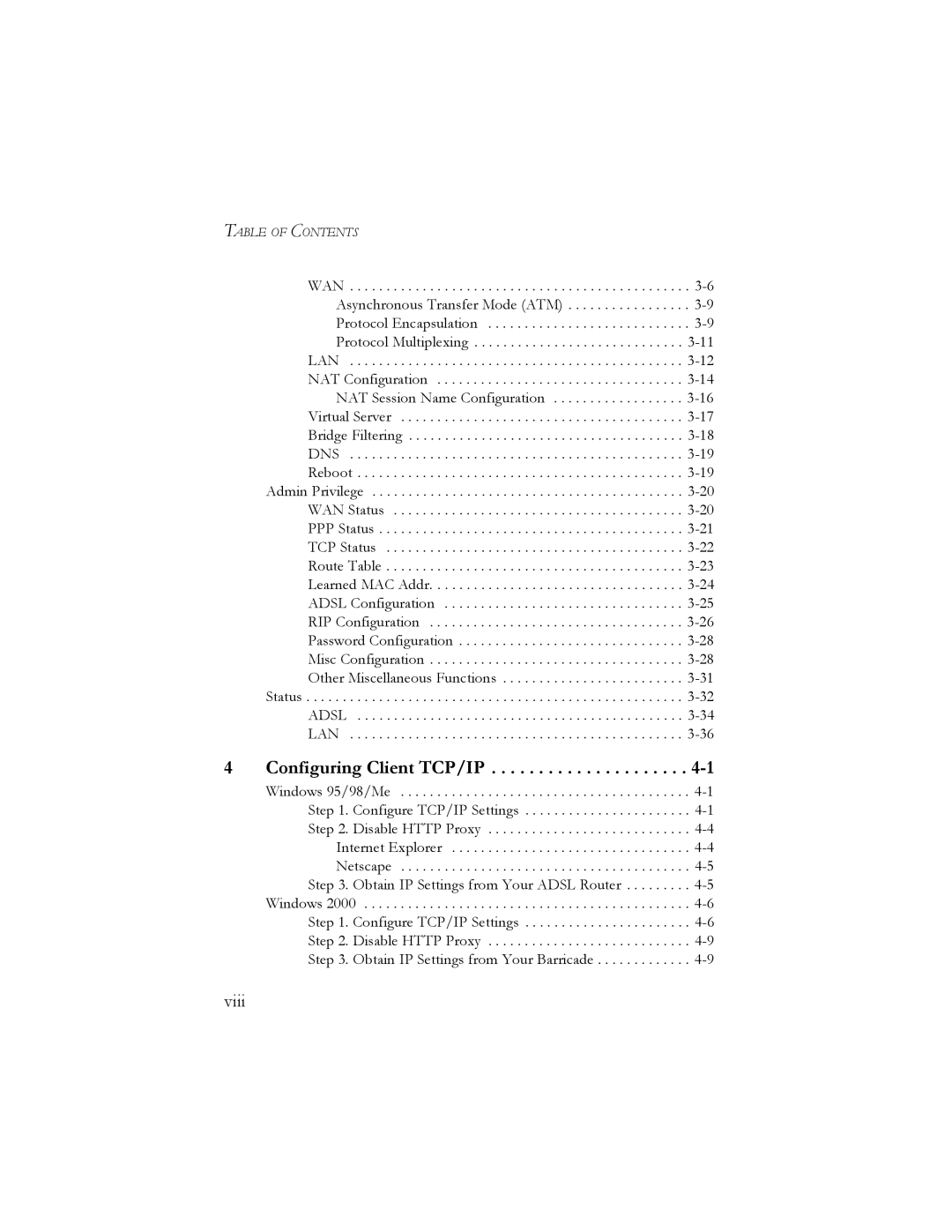 SMC Networks SMC7401BRA manual Configuring Client TCP/IP, Viii 