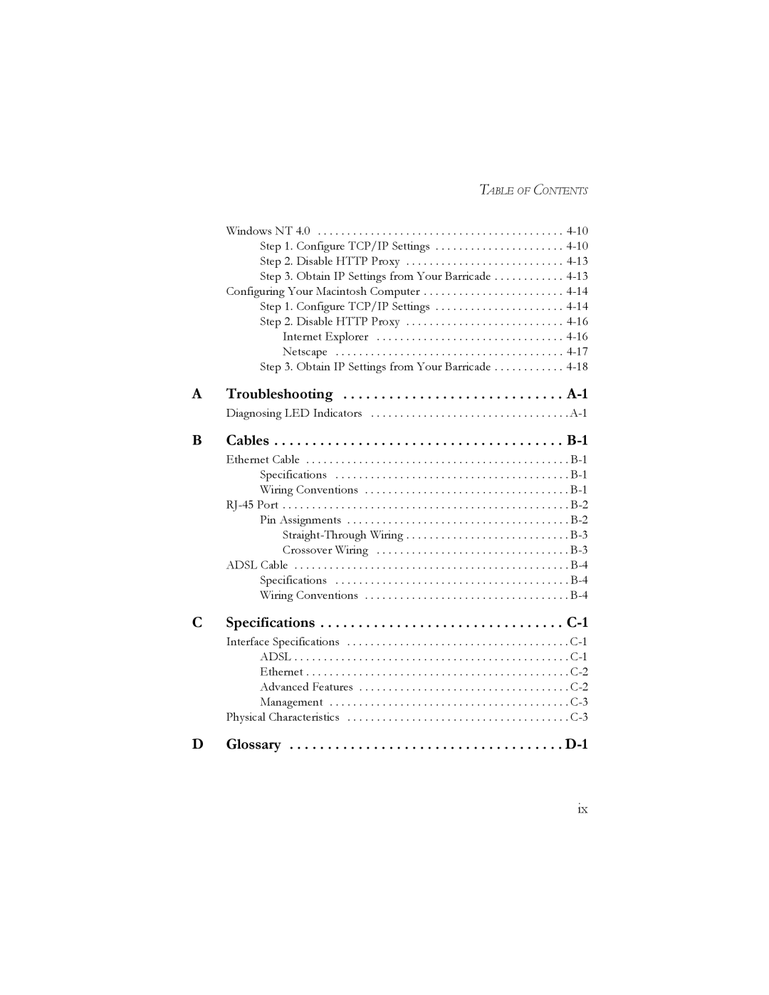 SMC Networks SMC7401BRA manual Troubleshooting, Cables, Specifications, Glossary 