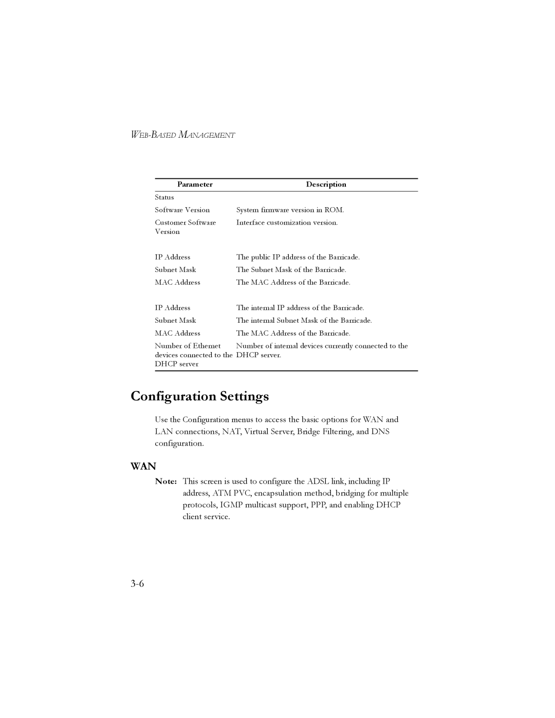 SMC Networks SMC7401BRA manual Configuration Settings, Parameter Description 