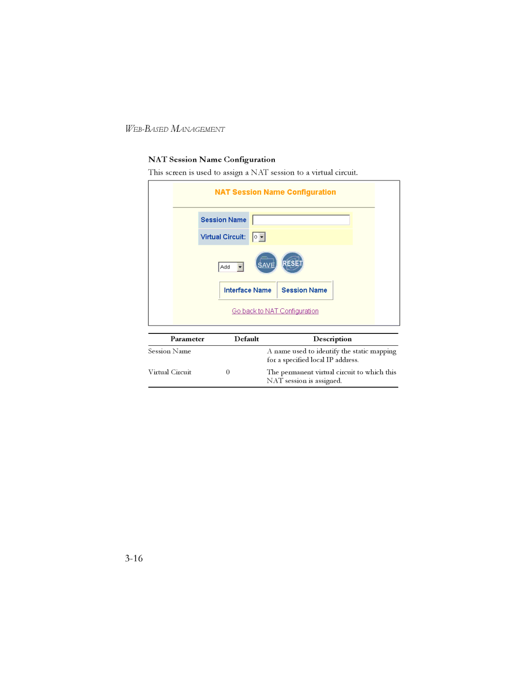 SMC Networks SMC7401BRA manual NAT Session Name Configuration 