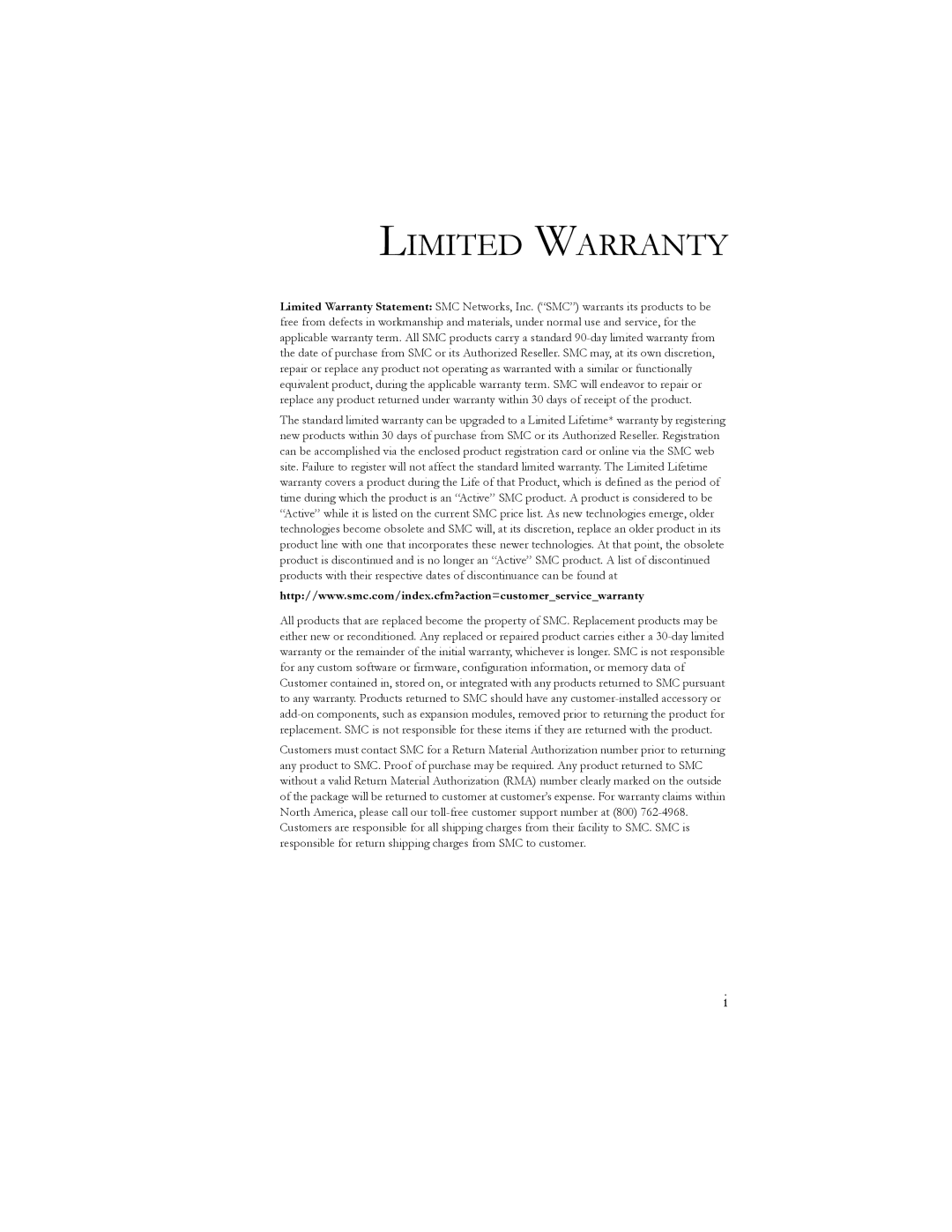 SMC Networks SMC7401BRA manual Limited Warranty 