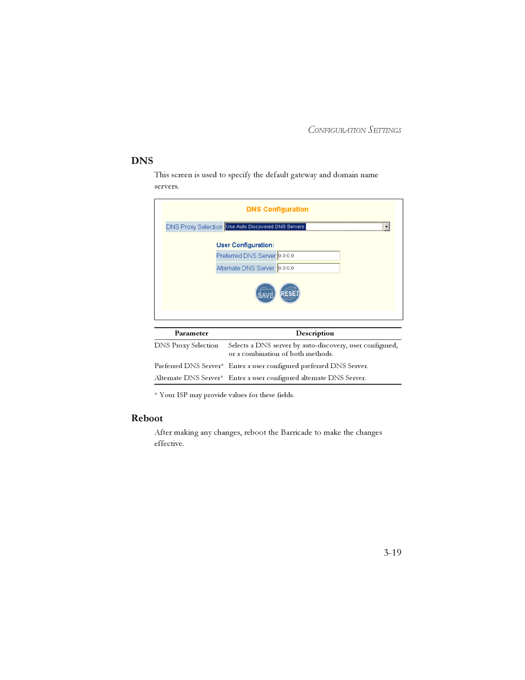 SMC Networks SMC7401BRA manual Dns, Reboot 