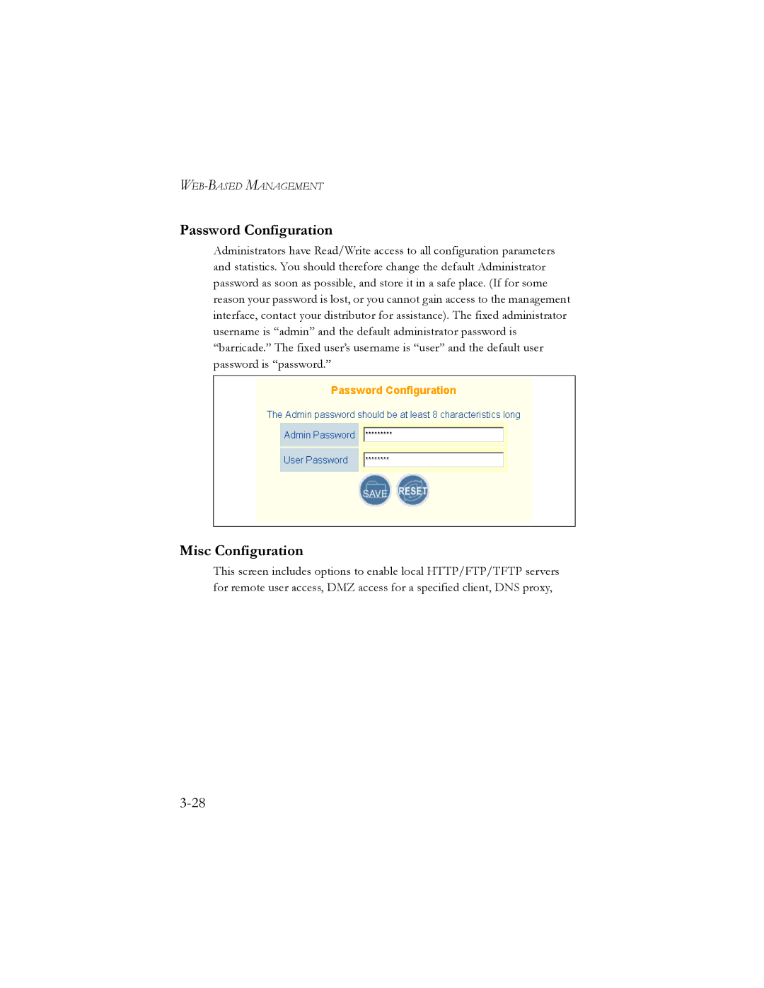 SMC Networks SMC7401BRA manual Password Configuration, Misc Configuration 